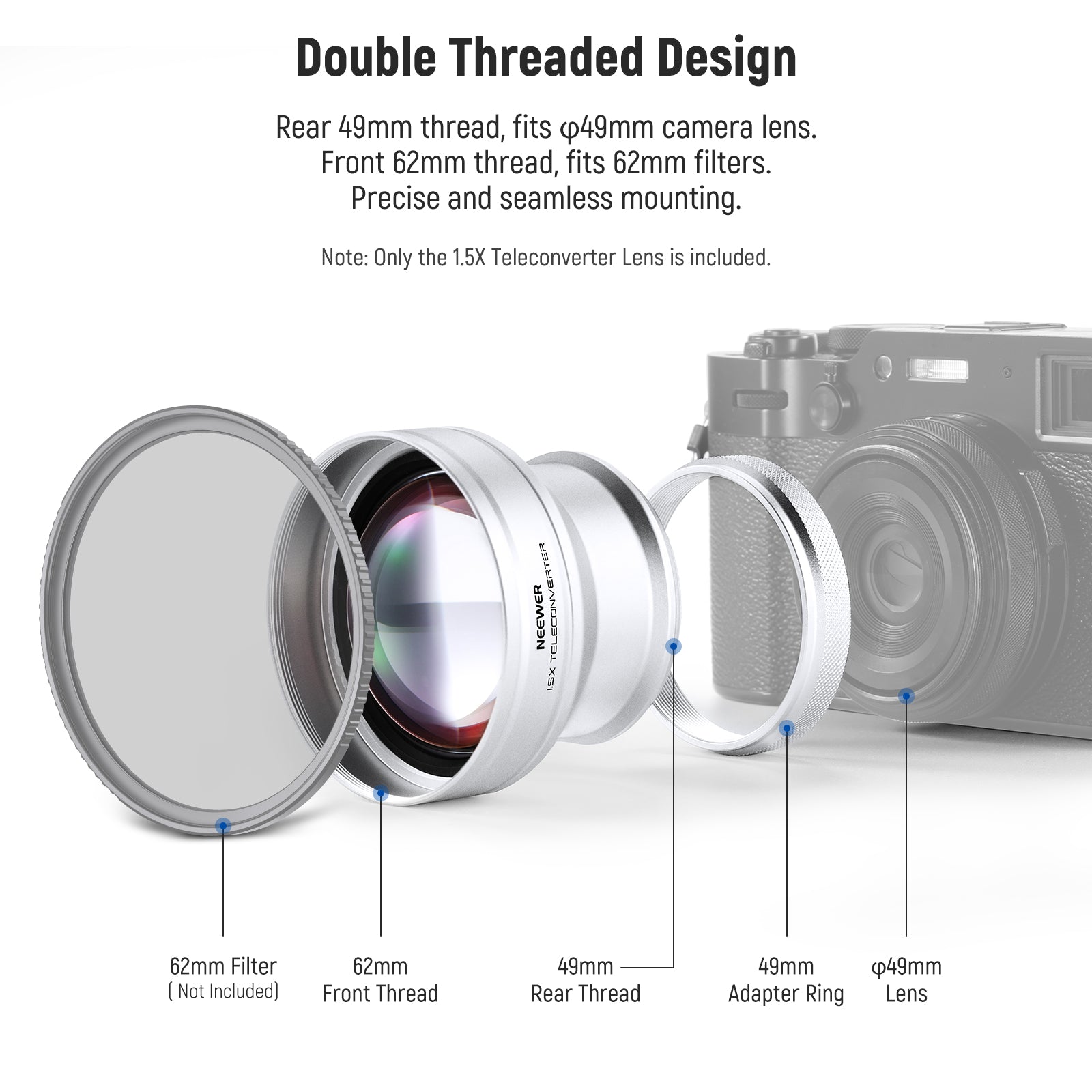 NEEWER LS 61 1.5X Telephoto Lens for Fujifilm X100 Series - Compatible with X100V, X100F, X100T - Enhance Zoom for Portrait & Travel Photography