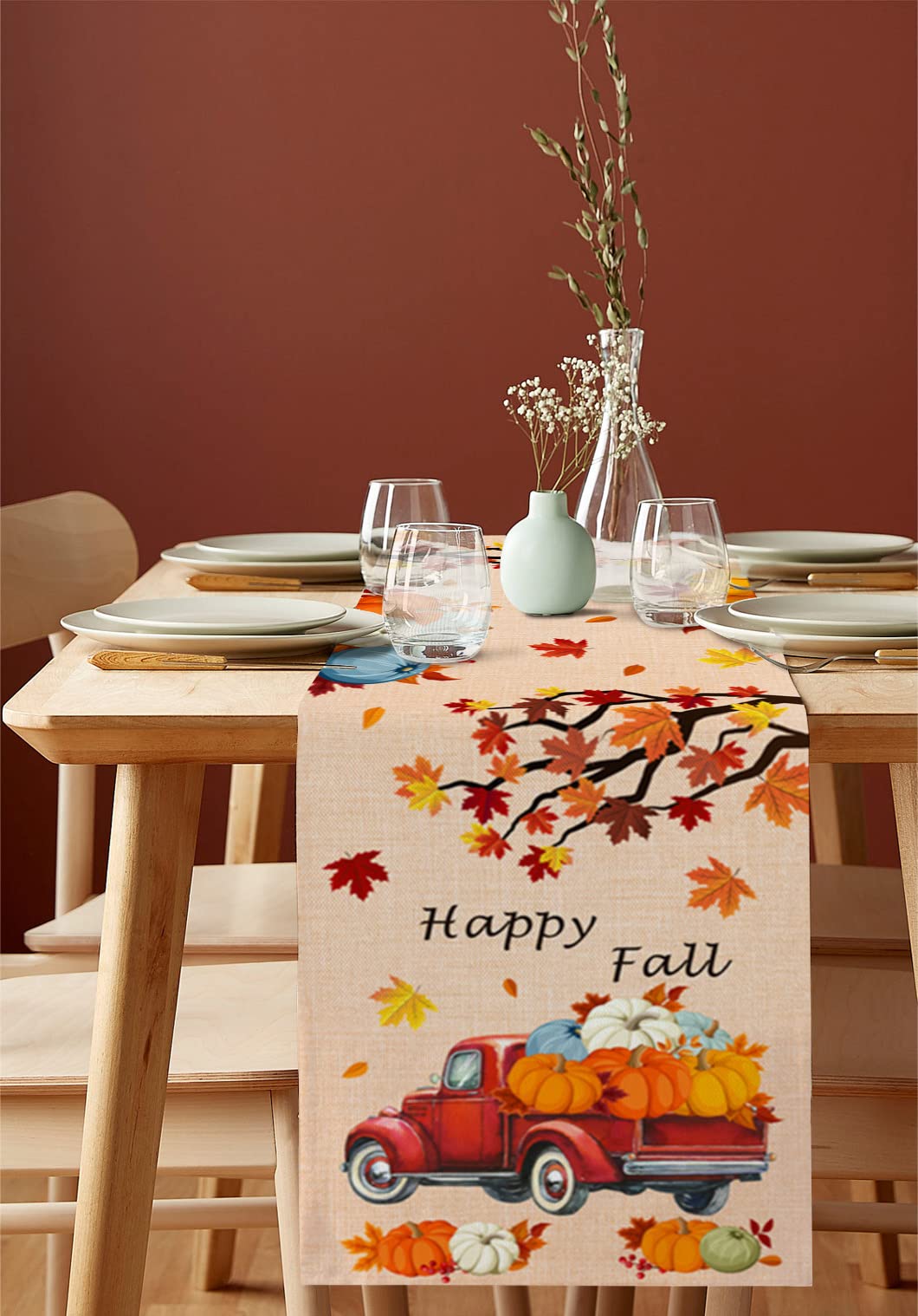 Thanksgiving Truck Fall Pumpkin Maple Leaves Table Runner - 13x70 Inches Long Washable Orange Autumn Decor for Round, Kitchen, Coffee & Dining Tables - Perfect for Holiday Gatherings & Cozy Home Decor