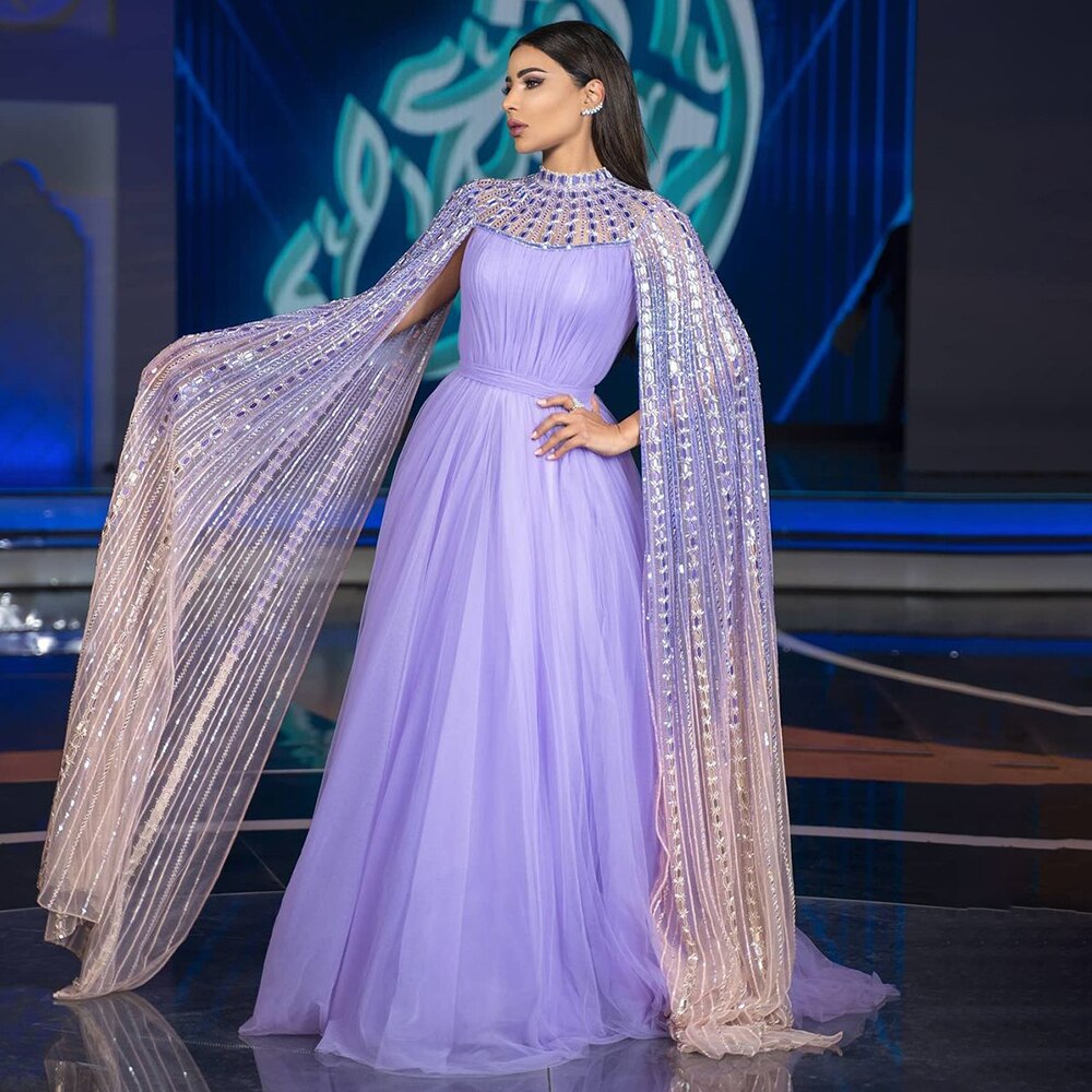 Elegant Purple Arabic A-Line Beaded Evening Dress with Cape Sleeves & High Neck - Luxury Women's Party Gown 2025 | Perfect for Weddings, Galas & Formal Events