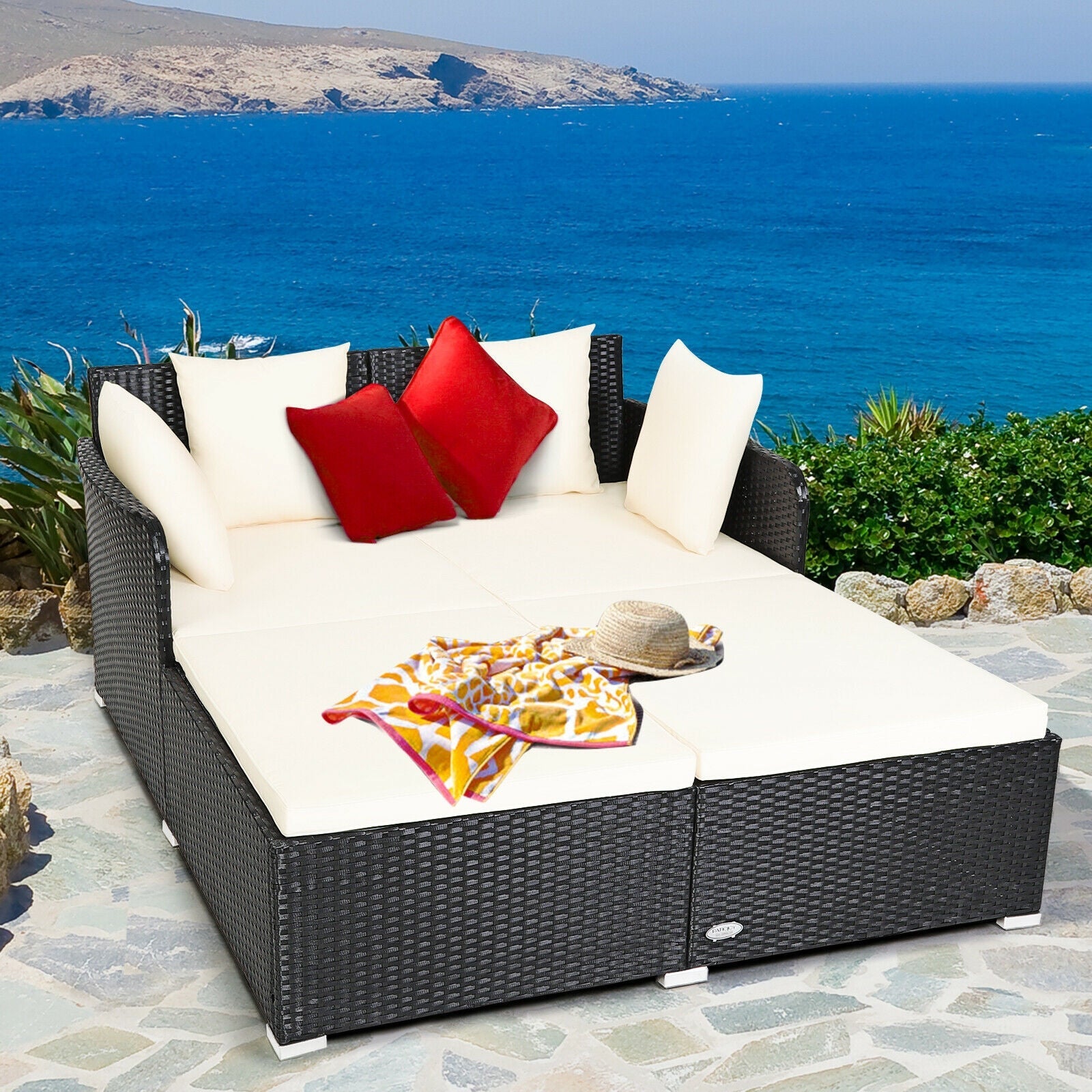 Premium White Outdoor Rattan Daybed with Upholstered Cushions & Pillows - Spacious Patio Lounger for Poolside Relaxation and Backyard Sunbathing