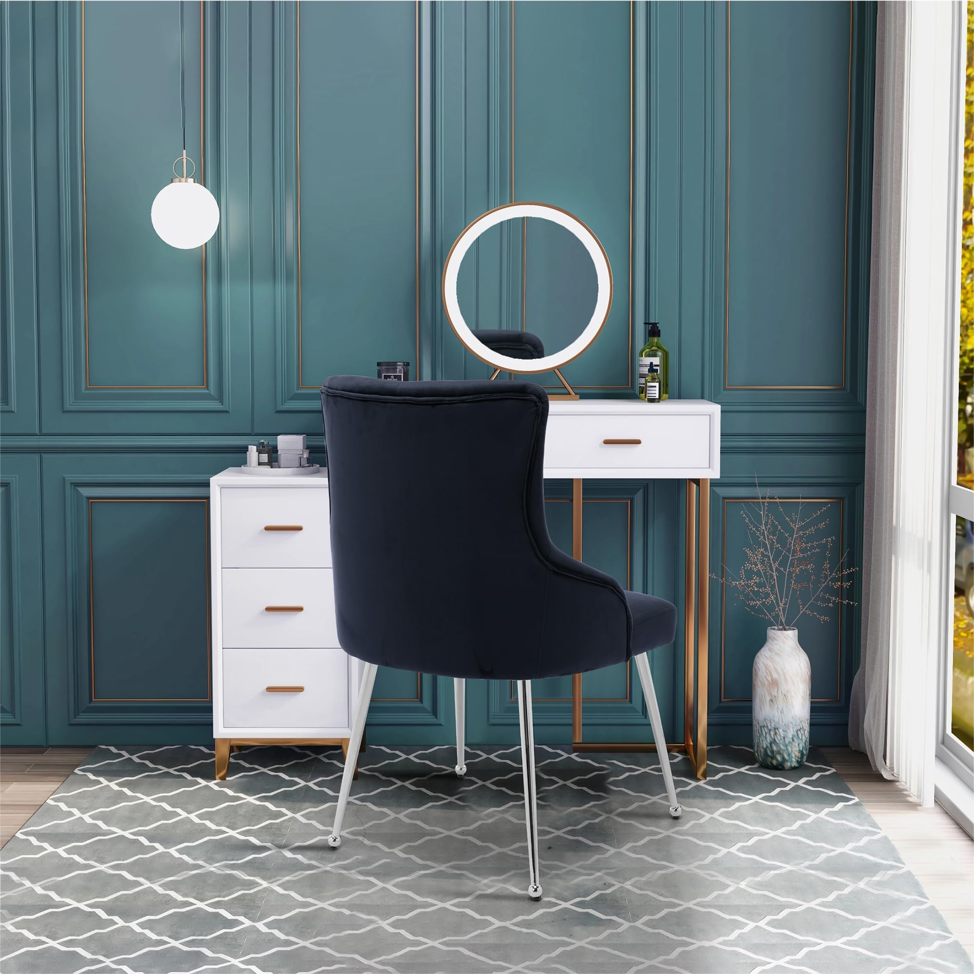 Luxury Velvet Dining Chair - Navy Blue Upholstered Vanity Chair with Tufted Back & Sturdy Metal Legs for Bedroom, Dining Room, or Dressing Area
