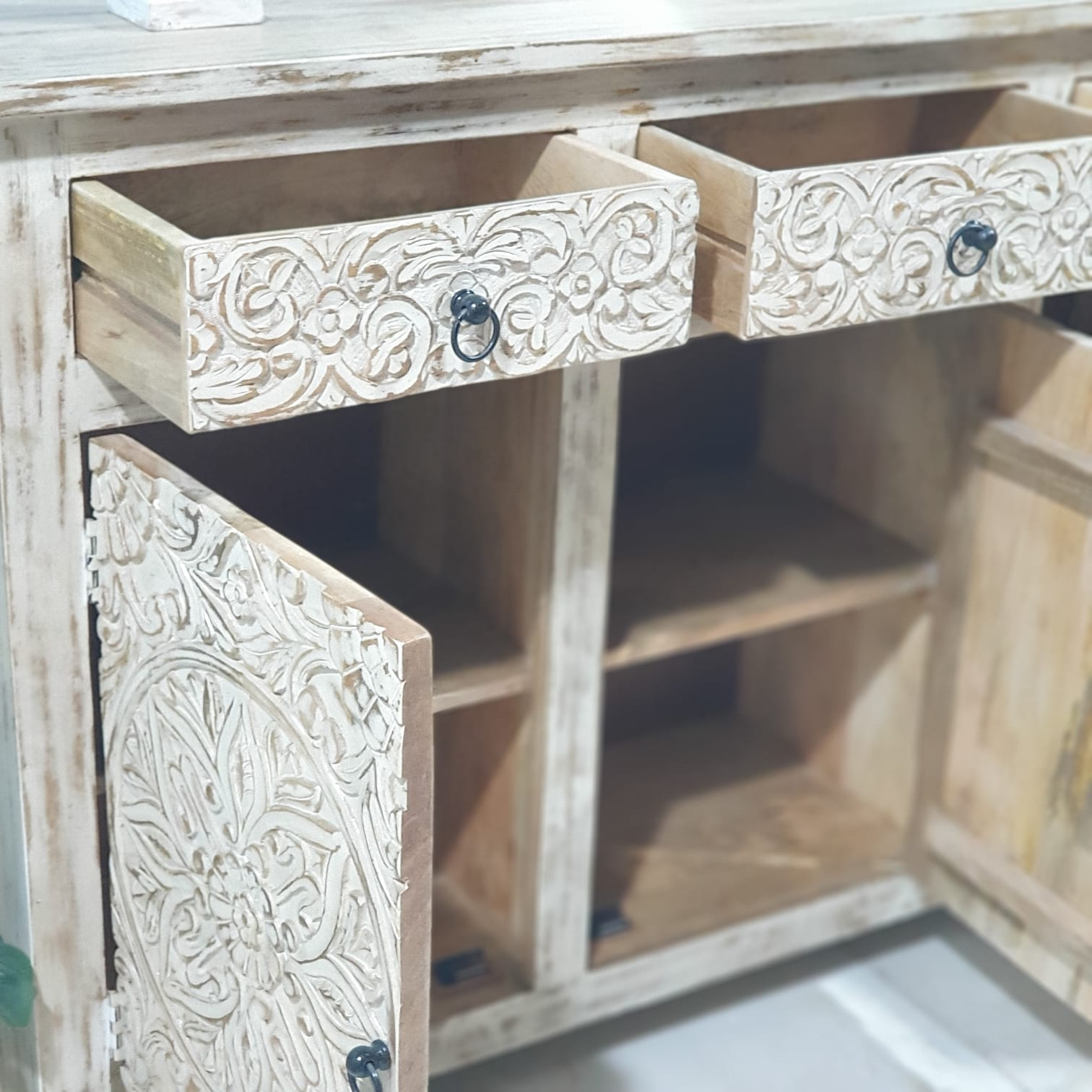 Handmade Carved Indian Mango Wood Sideboard - 3 Drawers & 3 Doors - Cream Wash Finish | Rustic Dining Room Buffet Cabinet for Home Decor & Storage