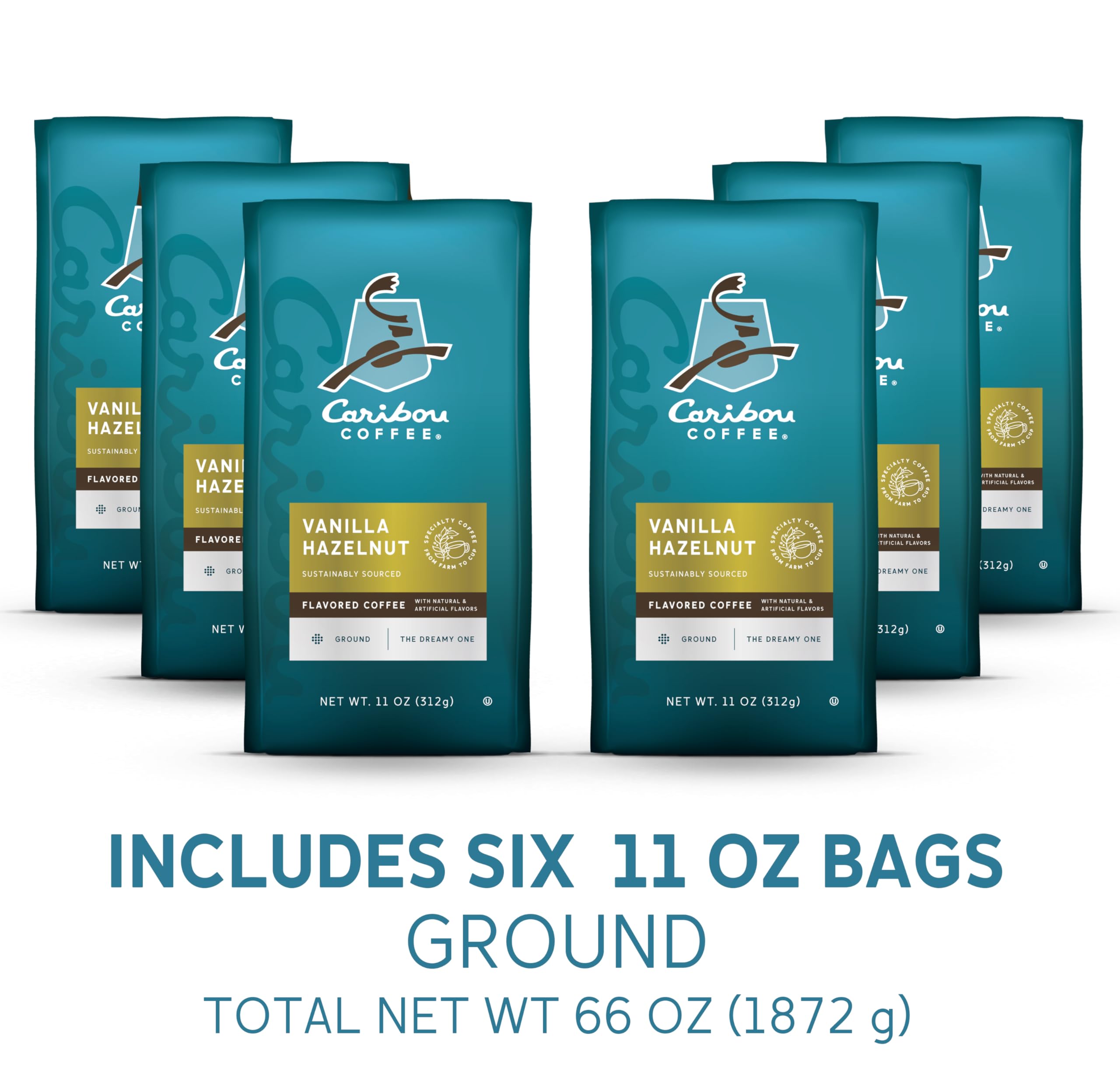 Caribou Coffee Vanilla Hazelnut Dreamstate Flavored Ground Coffee - 66oz (6 x 11oz Bags) | Rich Aroma & Smooth Taste | Perfect for Morning Brew, Office Break & Cozy Evenings
