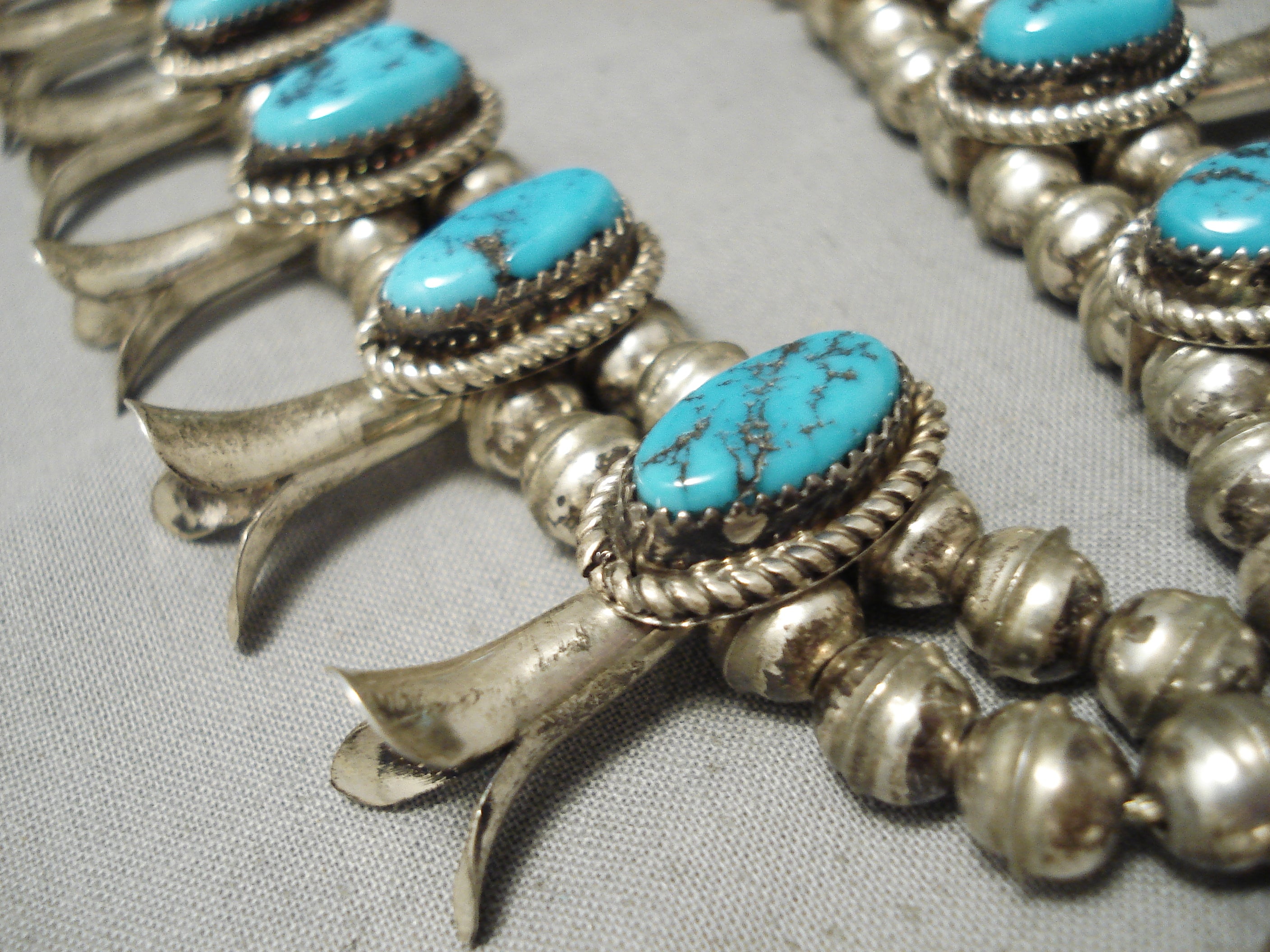 Vintage Navajo Blue Turquoise Sterling Silver Squash Blossom Necklace - Handmade Native American Jewelry for Women, Perfect for Boho Fashion, Weddings & Special Occasions
