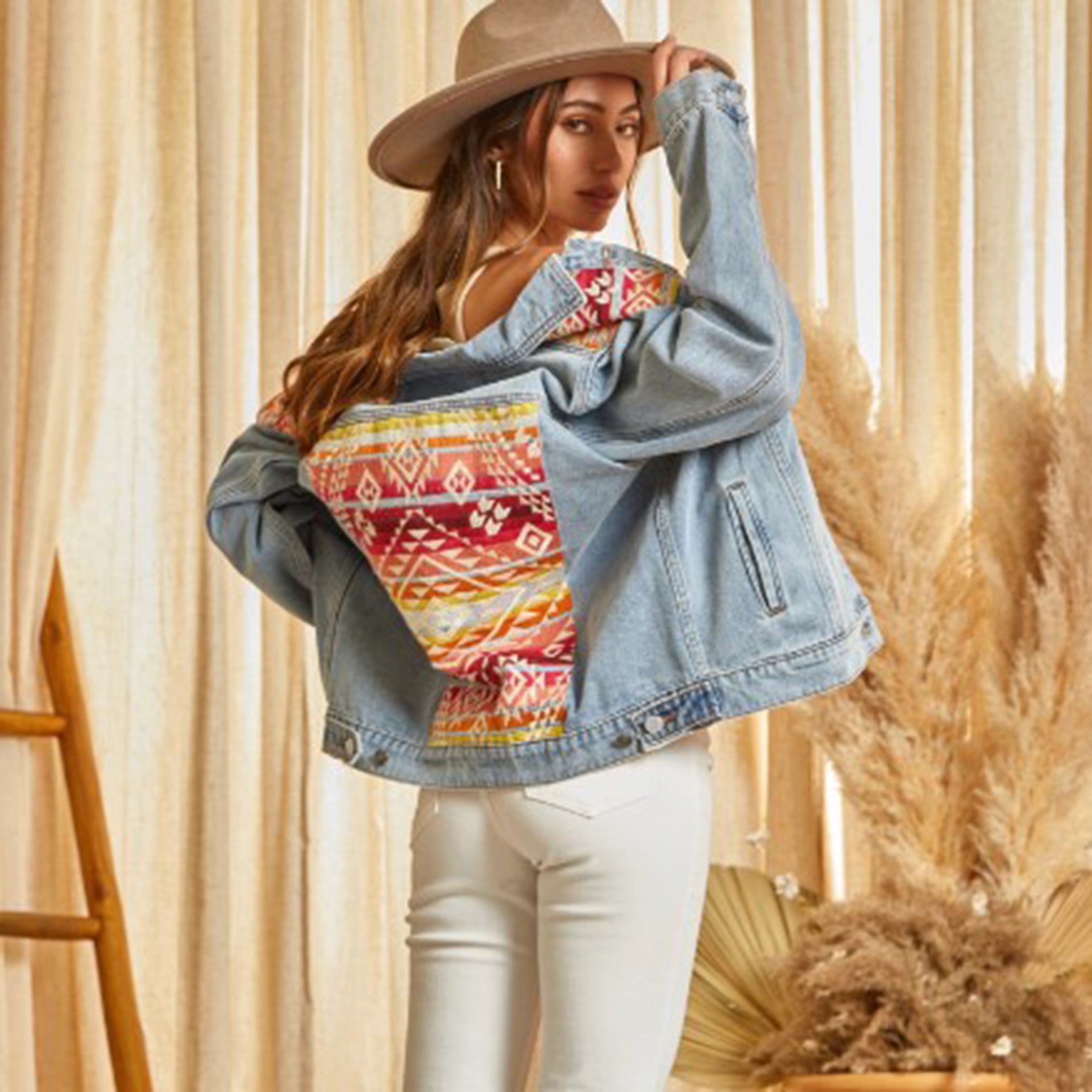 Andree Unit Women's Denim Aztec Jacket - Stylish Distressed Denim Jacket with Aztec Print for Casual Outfits & Boho Fashion | Perfect for Fall Layering, Music Festivals, and Everyday Streetwear