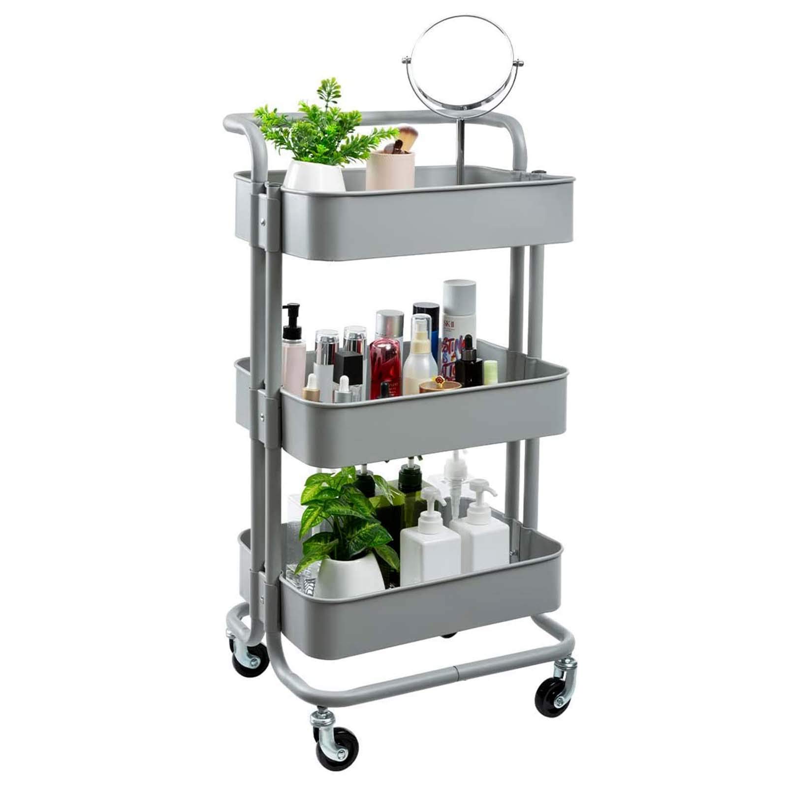 3-Tier Rolling Utility Cart with Wheels & Handles - Metal Storage Organizer for Kitchen, Bathroom, Office, Makeup Station - Space Saving Mobile Shelf (Gray) - Perfect for Small Spaces, Dorm Rooms & Salon Organization
