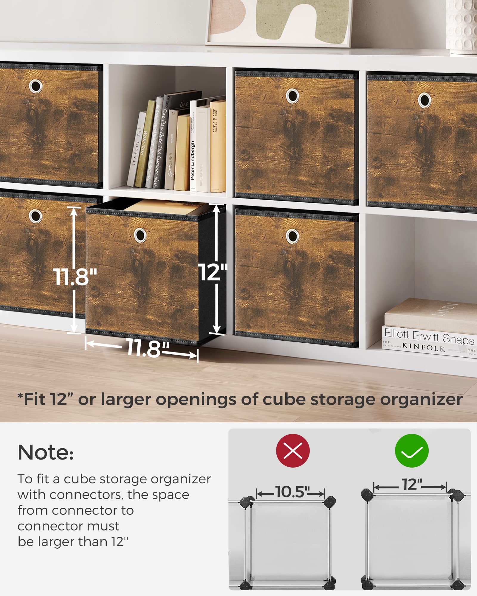 SONGMICS 6-Pack Foldable Storage Cubes with Handles - 11.8x11.8x11.8 Inch Fabric Storage Bins for Closet, Shelves & Home Organization (Rustic Brown & Black) | Perfect for Toys, Books & Seasonal Items