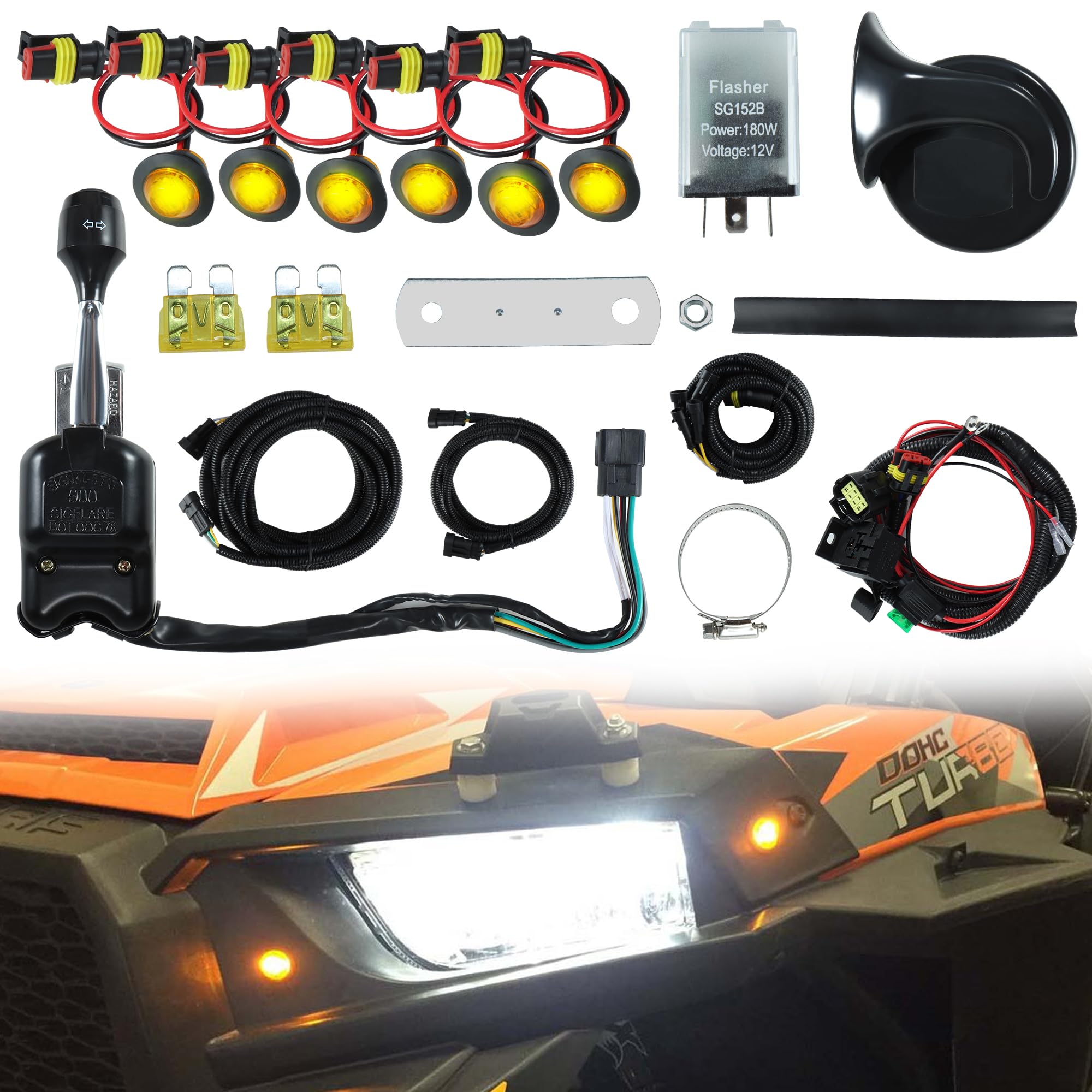 Universal UTV ATV Turn Signal Kit with Column Switch - Amber LED Blinker Kit for Polaris, Pioneer, Talon, Can-Am, Kawasaki, Arctic Cat - Plug & Play Street Legal Accessory for Off-Road Safety & Night Riding