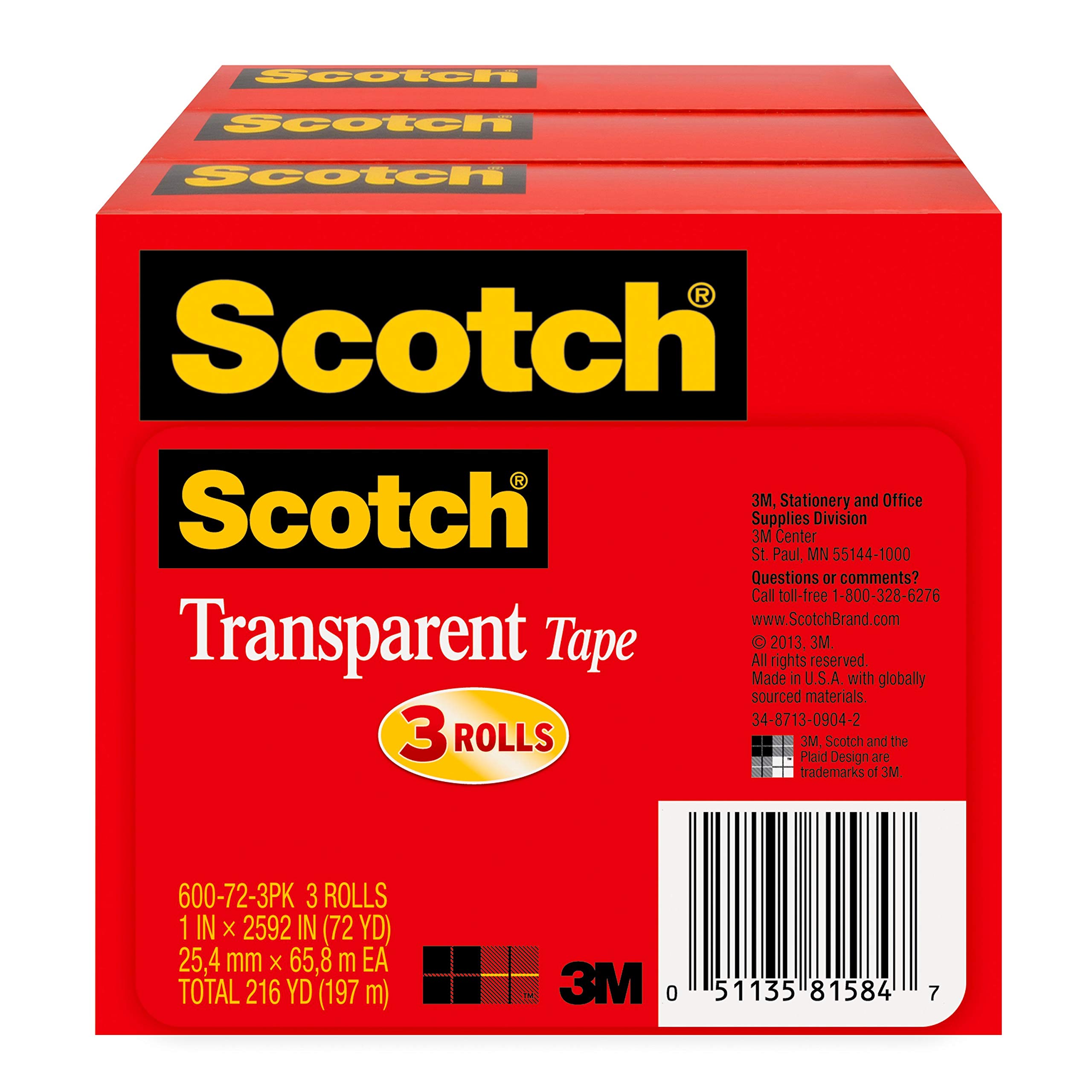 Scotch Transparent Tape 3-Pack, 1 Inch x 2592 Inches (600-72-3PK) - Clear Adhesive Tape for Office, School, Home & Gift Wrapping