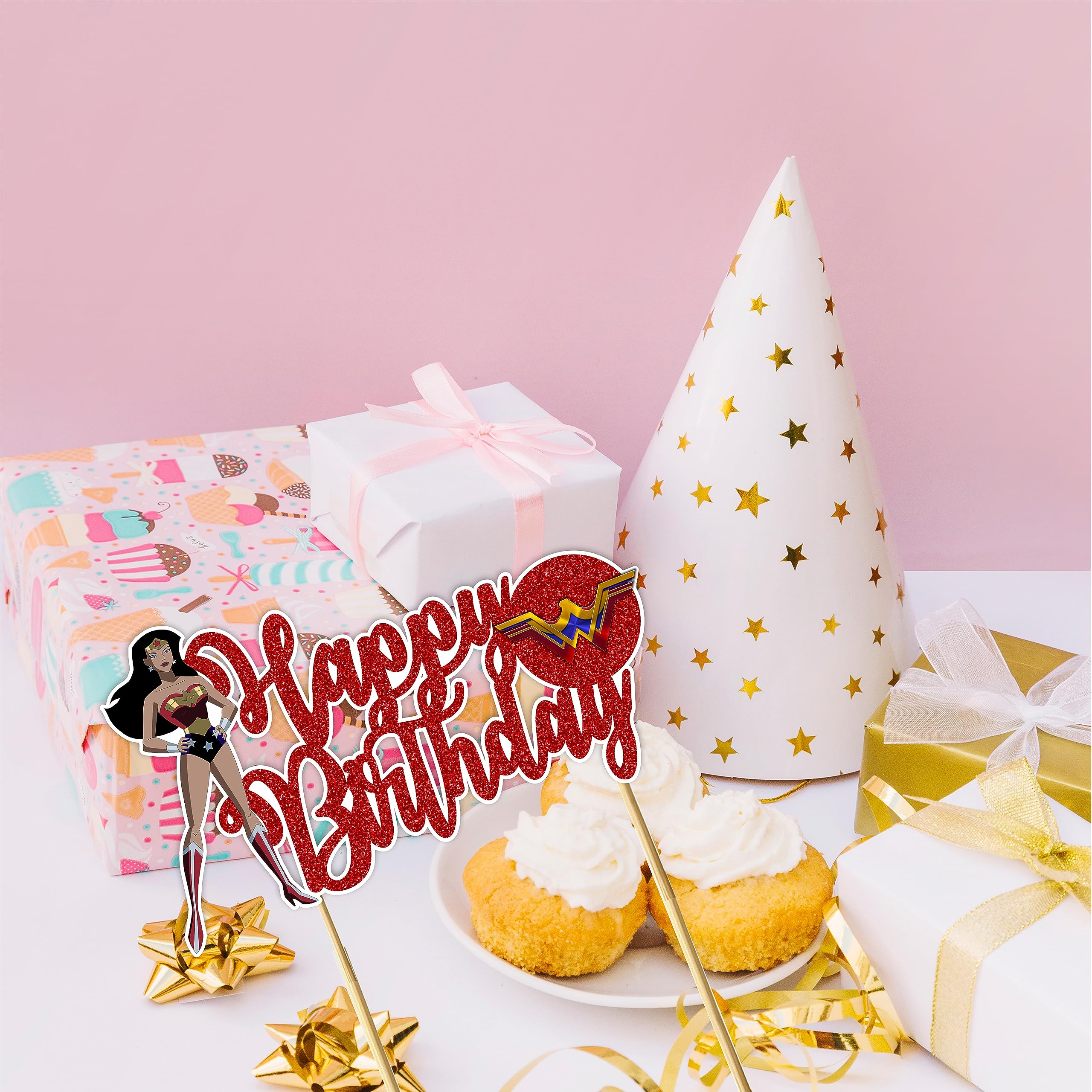 Wonder Woman Happy Birthday Cake Topper - Superhero Birthday Party Decorations for Women & Girls - Perfect for Birthday Cakes, Cupcakes, and Dessert Tables