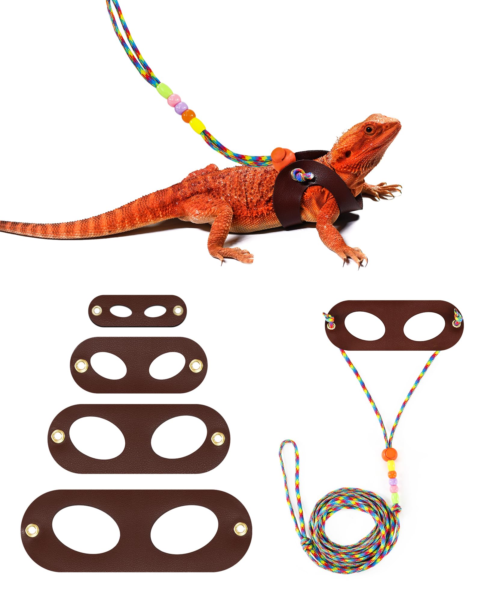 LIKZINWA Adjustable Bearded Dragon Leash Harness - 4 Size Pack for Reptiles & Small Pets (Brown) | Perfect for Outdoor Walks, Vet Visits & Safe Exploration