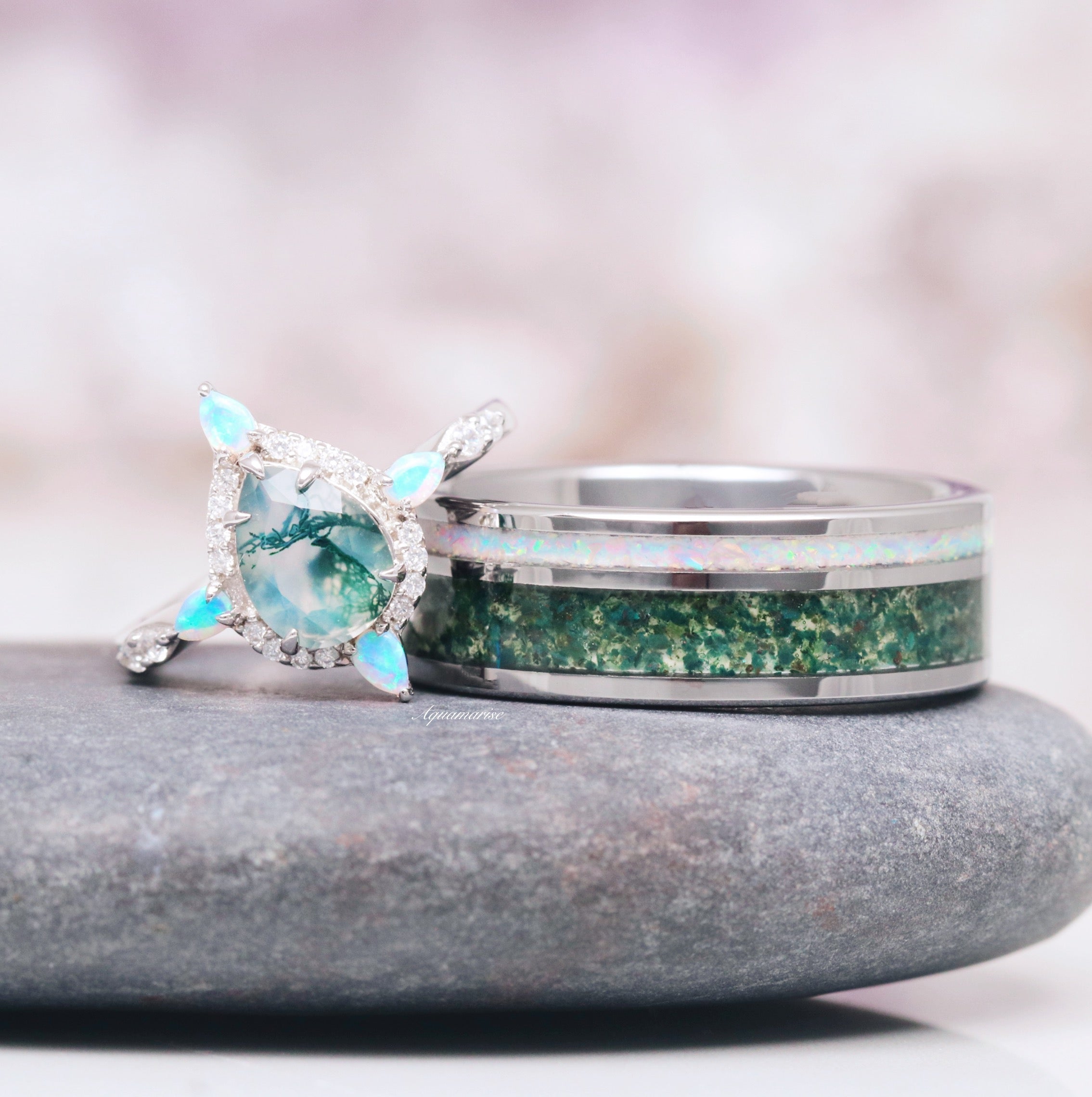 Exquisite 14K White Gold Green Moss Agate & Fire Opal Engagement Ring for Women | Nature-Inspired Wedding Jewelry | Perfect for Proposals, Anniversaries & Special Occasions