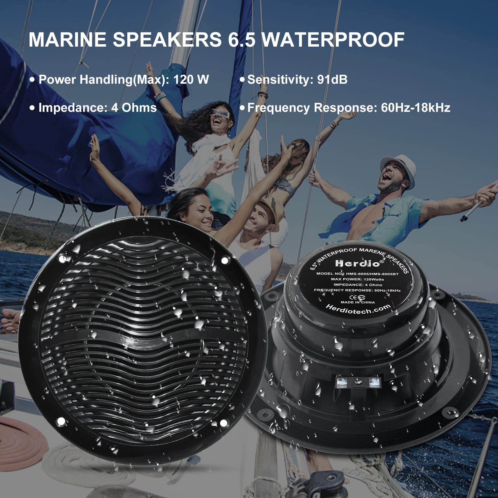 Herdio Marine Bluetooth Radio Speaker Set - 6.5 Inch Waterproof Flush Mount Ceiling Speakers with Marine Gauge Head Unit & Flexible Rubber FM/AM Antenna | Perfect for Boats, Yachts, and Marine Entertainment Systems