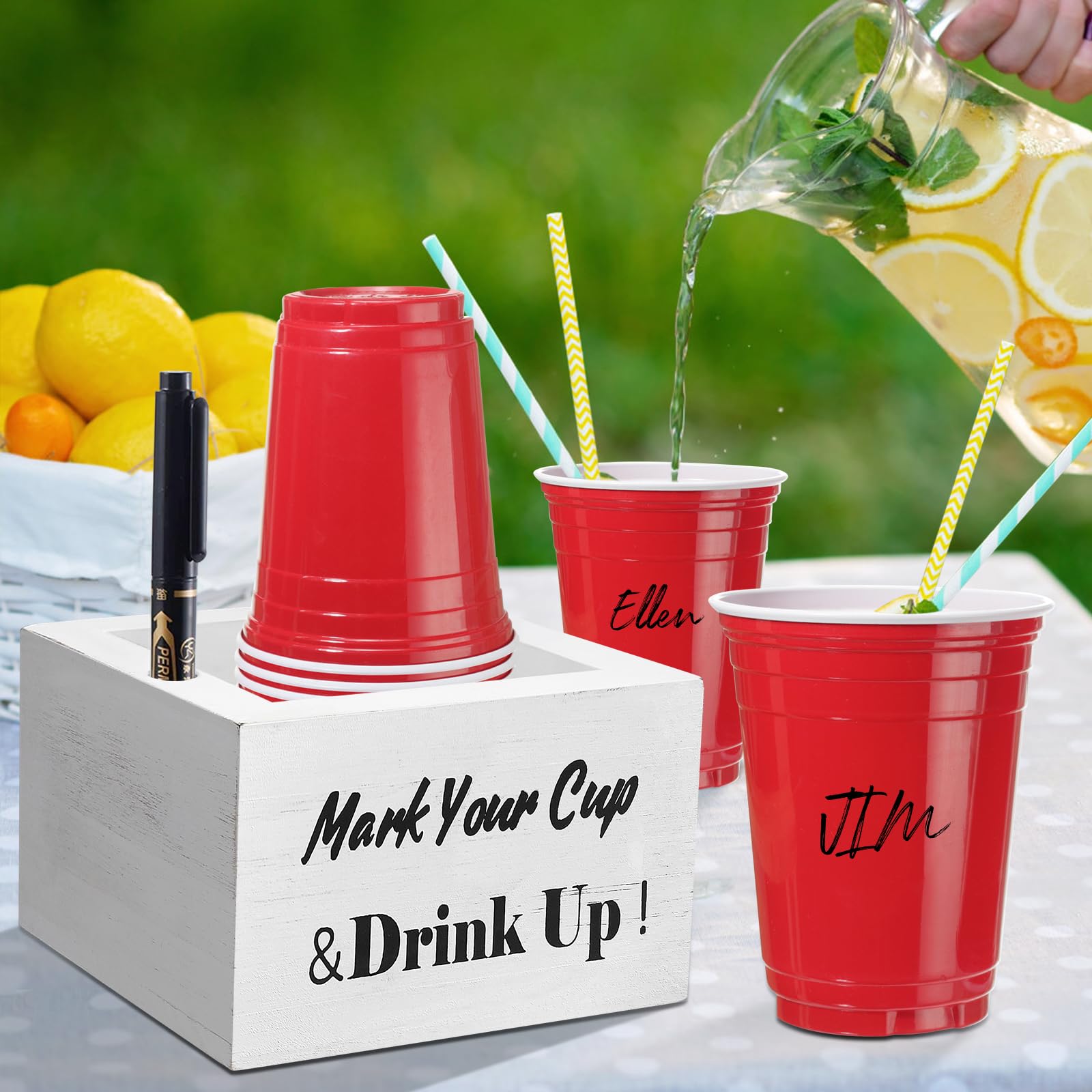 Rustic Wooden Cup Holder with Marker Slot - Disposable Party & Wedding Cup Holder for Bar, Kitchen, Countertop, Home & Office - Perfect for Events, Gatherings, and Daily Use (White)