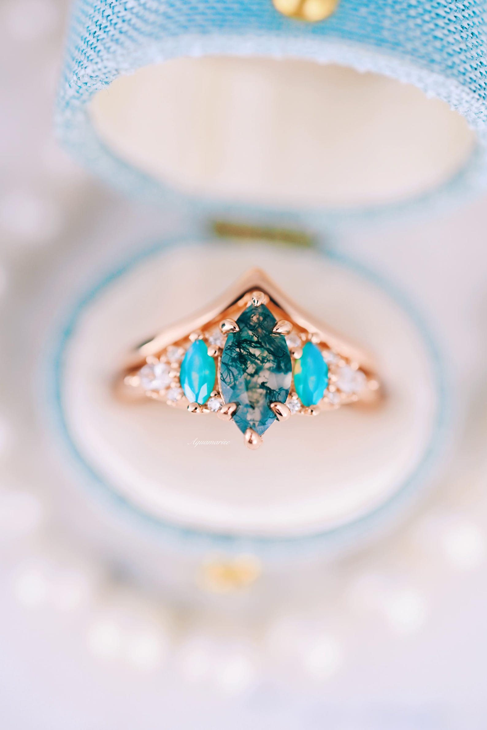 Emerie Moss Agate & Opalescent Sapphire Ring Set in 14K Rose Gold Vermeil - Elegant Stackable Rings for Women, Perfect for Weddings, Anniversaries & Everyday Wear