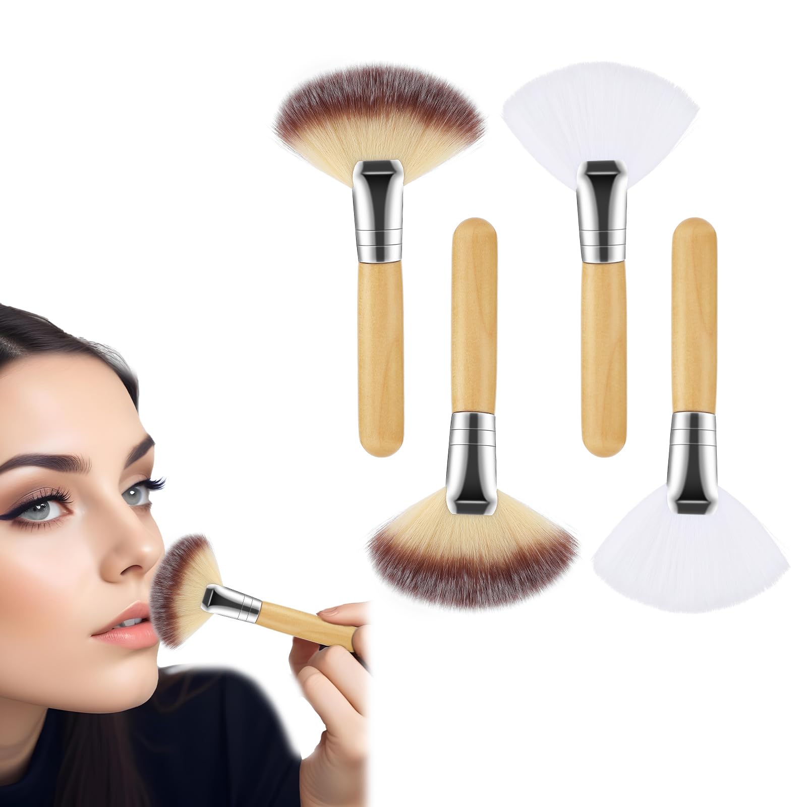 4 Pack Soft Fan Makeup Brushes - Highlighter & Blush for Women | Perfect for Facials & Powder Application