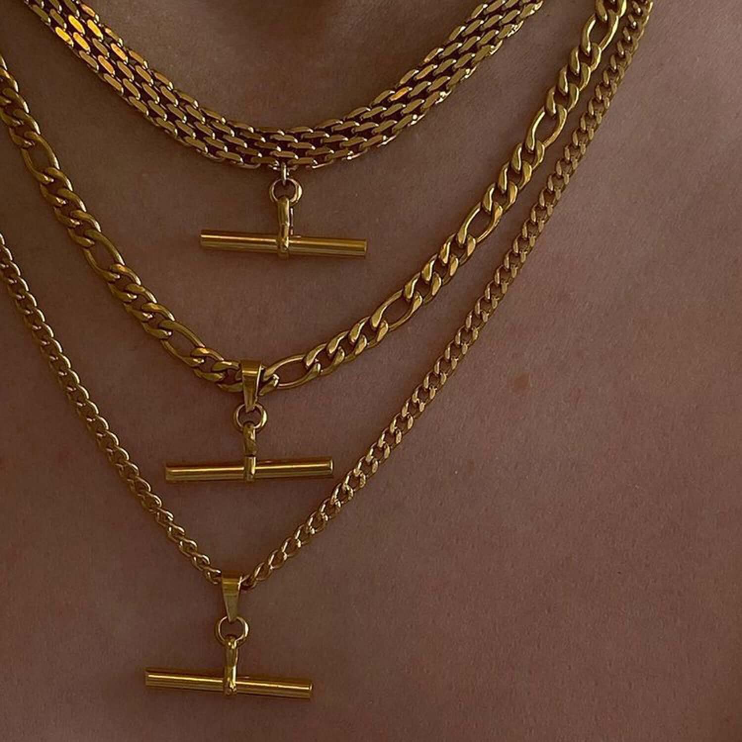 18K Gold Plated Figaro & Rope Chain T Bar Pendant Necklace for Women - Elegant Layering Jewelry Gift for Birthday, Anniversary & Valentine's Day | JDN735