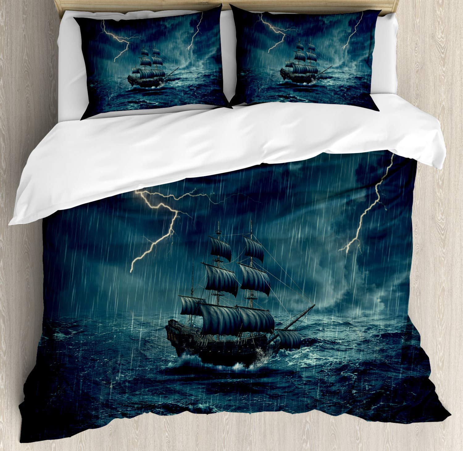 3 Piece King Size Bedding Set - Stormy Rainy Weather Waves & Vintage Pirate Ship Sailing Oil Painting Duvet Cover with 2 Pillow Shams | Coastal Nautical Theme Bedroom Decor for Adults & Teens