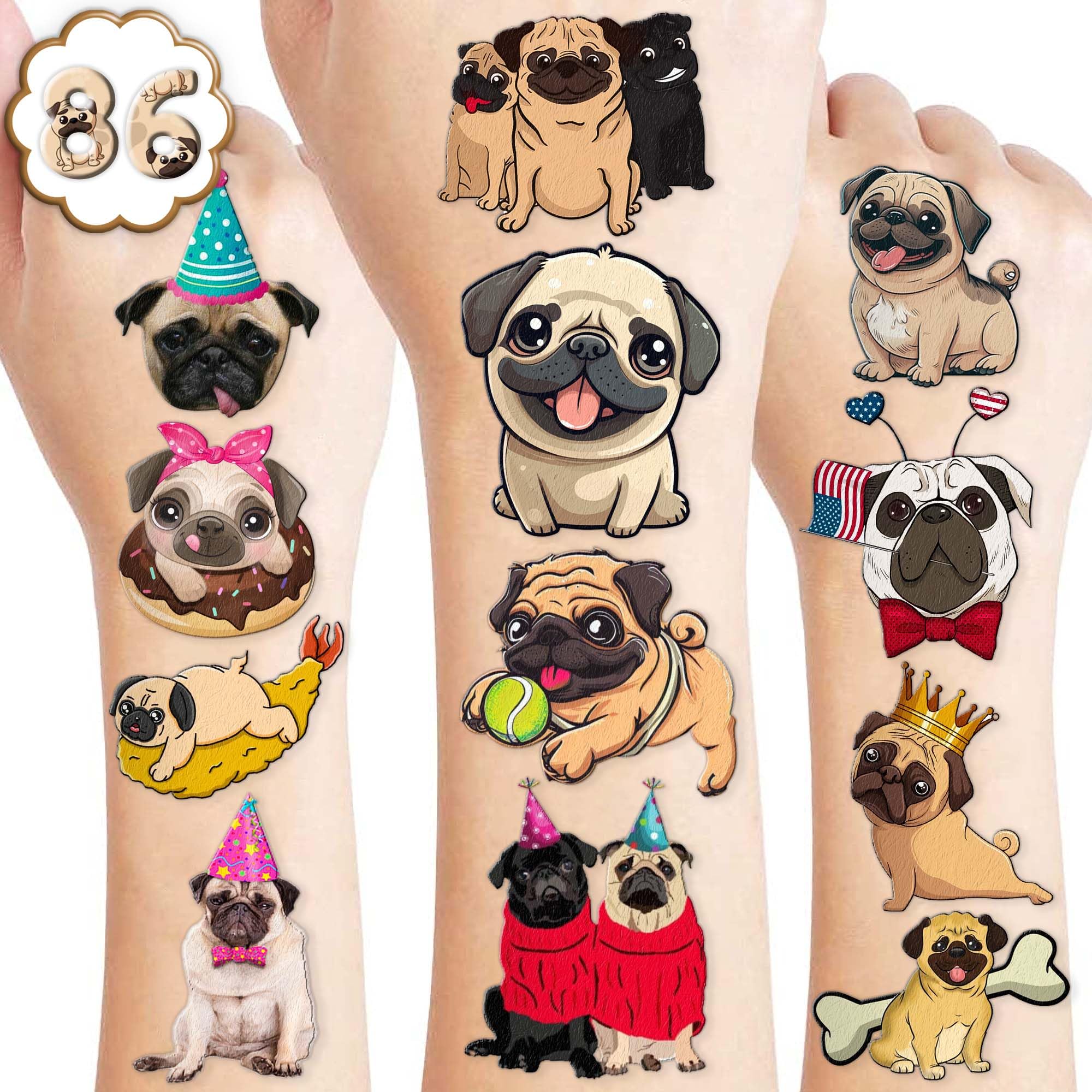 86 PCS Pug Temporary Tattoos - Cute Dog Puppy Stickers for Kids Birthday Party Decorations, School Prizes & Rewards | Fun Favors for Girls, Boys & Dog Lovers | Perfect for Themed Parties, Classroom Incentives & DIY Crafts