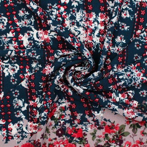 Snorkel Blue & Red Floral Border Printed Chiffon Fabric by The Yard - Perfect for DIY Dresses, Scarves & Home Decor Projects