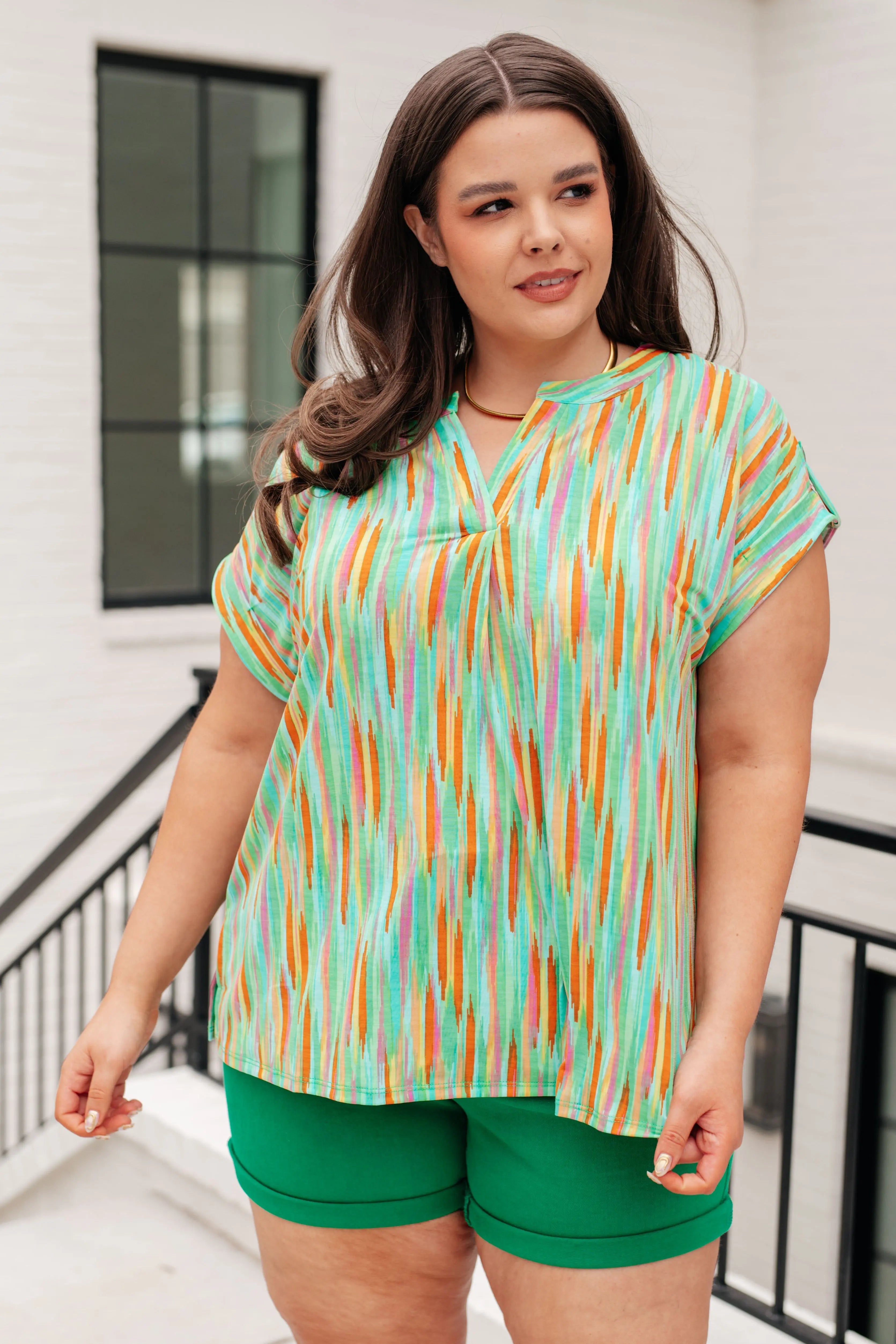 Lizzy Women's Cap Sleeve Striped Blouse - Lime & Emerald Multi-Color Summer Top for Casual Wear, Office Outfits & Date Night