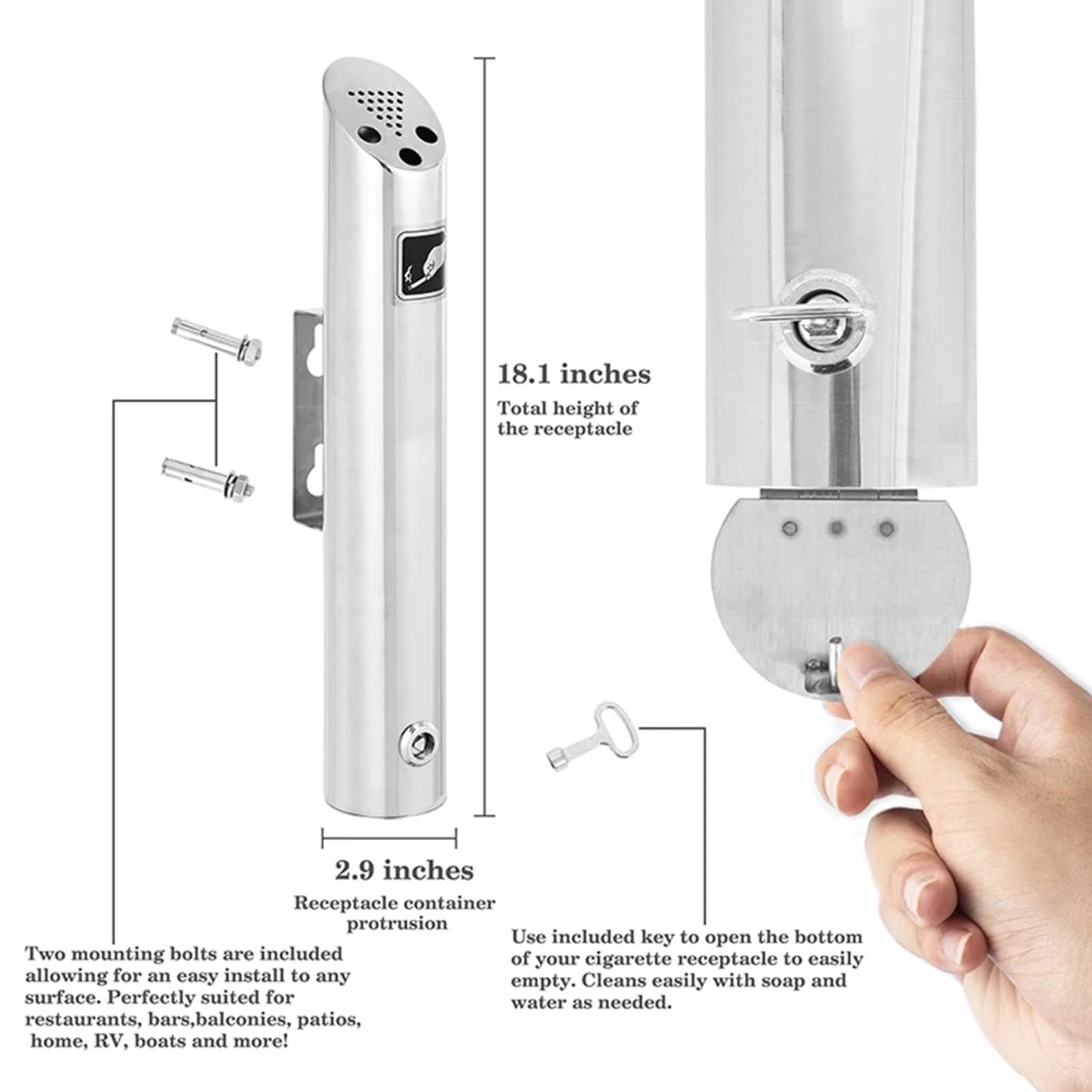 Wall Mounted Commercial Ashtray - Outdoor Stainless Steel Cigarette Ash Tray for Home, Garden, Patio, Shopping Mall & Office - Durable Wall Mount Cigarette Butt Disposal Container for Smoking Areas & Public Spaces