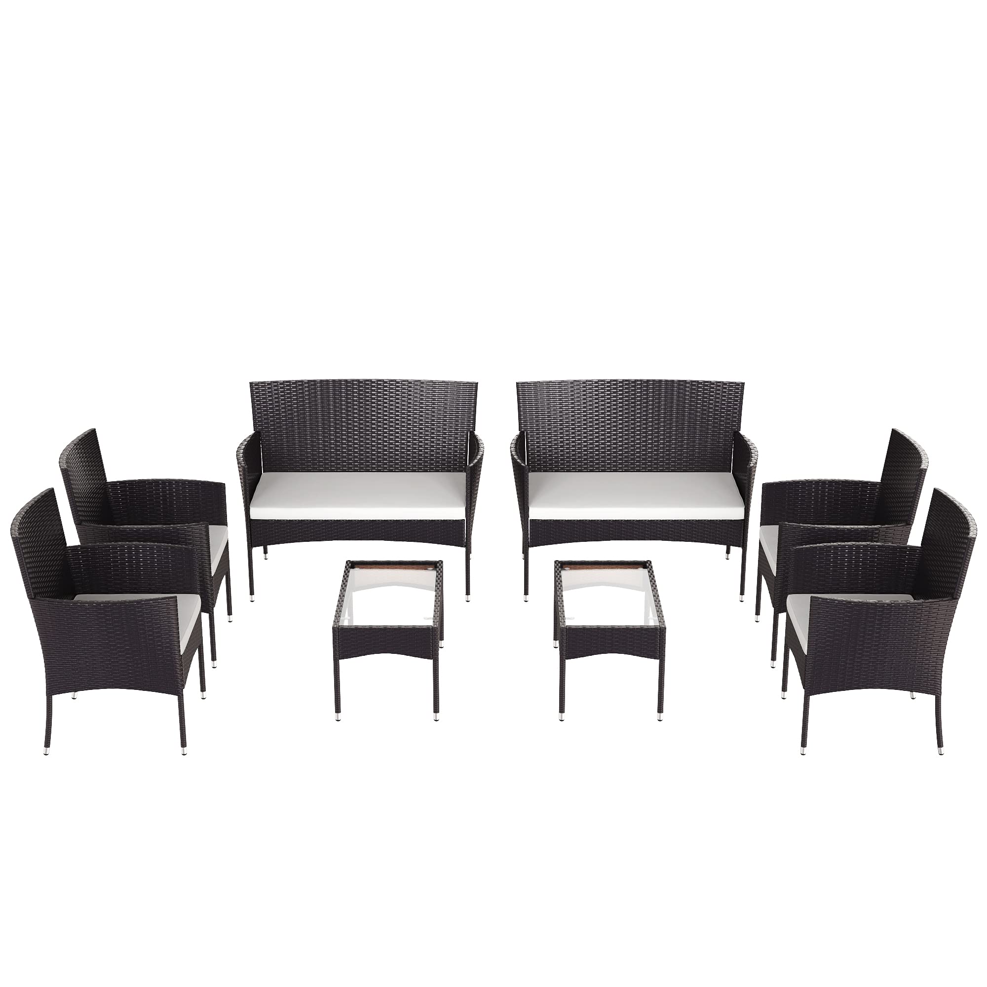 8-Piece Patio Rattan Furniture Set with 2 Tempered Glass Tables, 4 Armchairs & 2 Loveseats - Outdoor Wicker Sofa Set for Porch, Lawn, Yard, Poolside or Backyard Relaxation & Entertaining