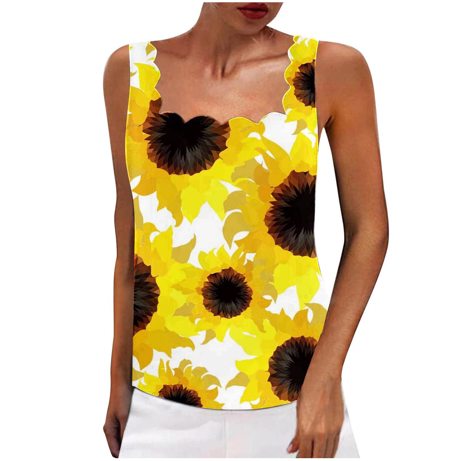 Women's Square Neck Sleeveless Tank Top - Floral Butterfly Sunflower Print Loose Fit Casual & Dressy Tops for Summer, Beach, and Everyday Wear