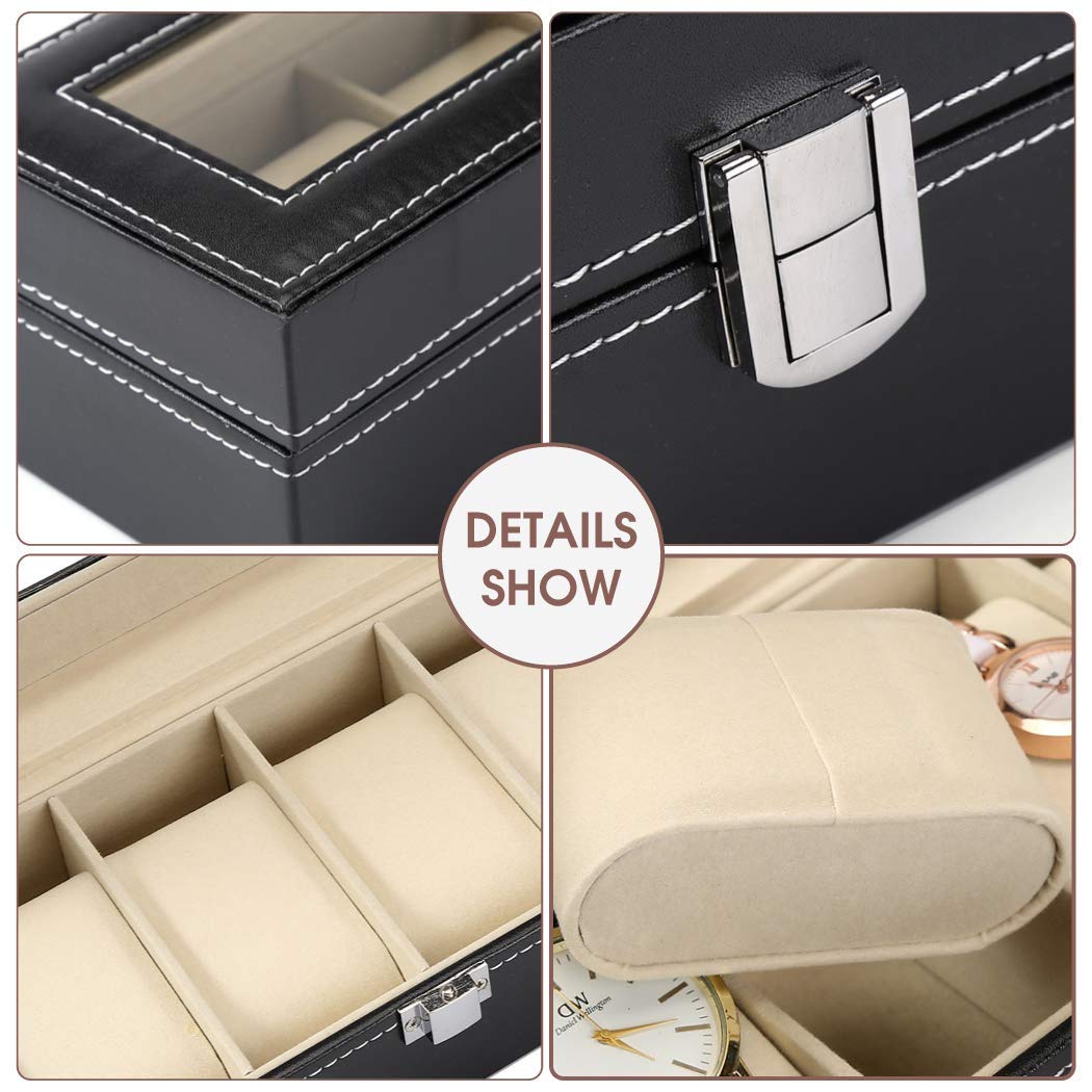 Premium 6-Slot Watch Display Case with Glass Lid & Removable Pillow - Luxury Black Leather Watch Box Organizer for Men | Perfect for Watch Collection Storage, Jewelry Organization & Gift Giving