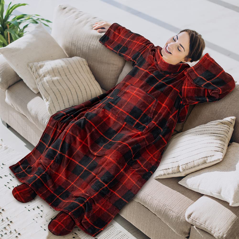 PAVILIA Fleece Blanket with Sleeves & Foot Pockets - Wearable Blanket for Women & Men - Soft Plush Throw Wrap - Warm Snuggle Robe Blanket - Cozy Gift for Wife or Mom (Plaid Red) - Perfect for Movie Nights, Camping & Winter Relaxation