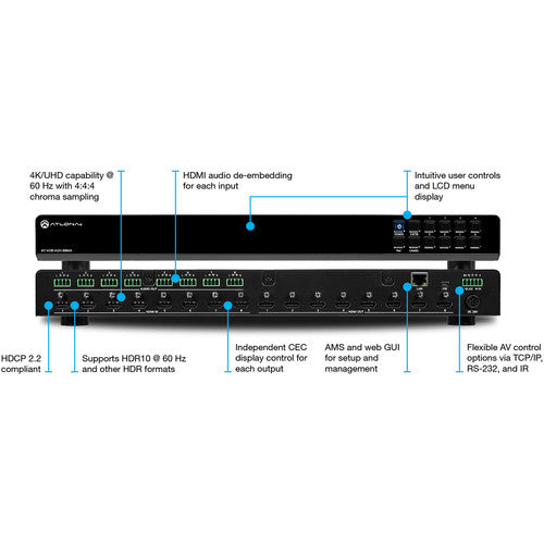 Atlona® AT-HDR-H2H-88MA 8x8 4K/UHD HDMI Matrix Switcher - 8K Ready, HDR, HDCP 2.2, 18Gbps - Perfect for Home Theater, Conference Rooms & Multi-Source AV Setups