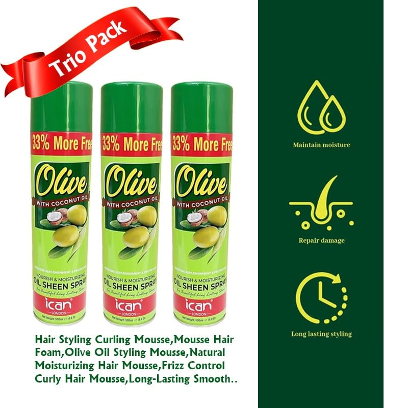 London Olive Oil & Coconut Oil Moisturizing Sheen Spray - 3 Pack (500ml Each) for Hair Hydration & Shine - Perfect for Dry, Damaged Hair & Daily Styling