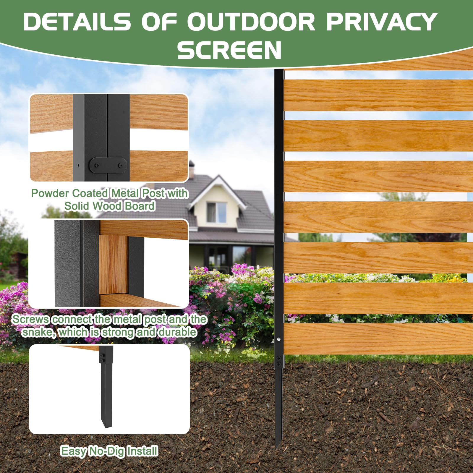 Outdoor Wood Privacy Screen with Metal Stakes - 38