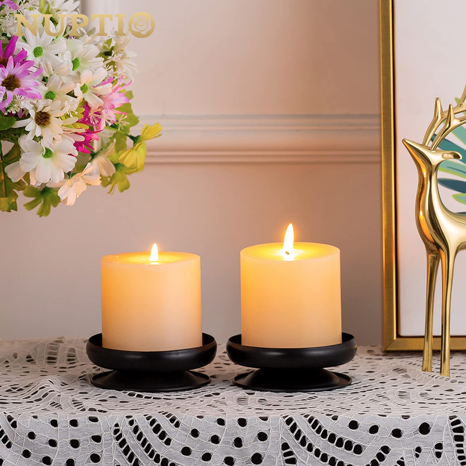 2-Pack Black Iron Pillar Candle Holders with Spikes - 3.6