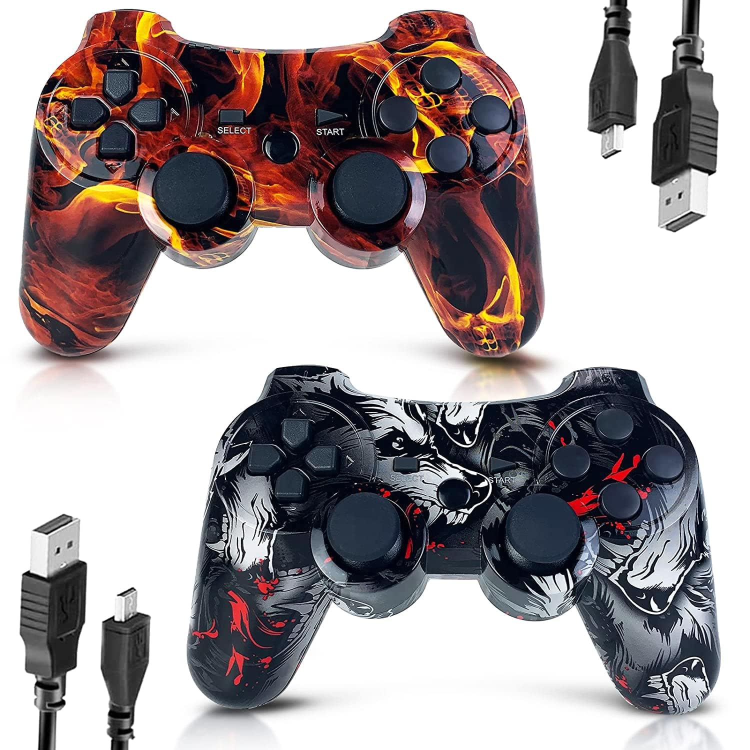 2 Pack Wireless PS3 Controller for PlayStation 3 - High Performance Gamepad with Dual Vibration & Motion Control (Flame & Wolf Design) - Perfect for Gaming, Streaming & Multiplayer Sessions