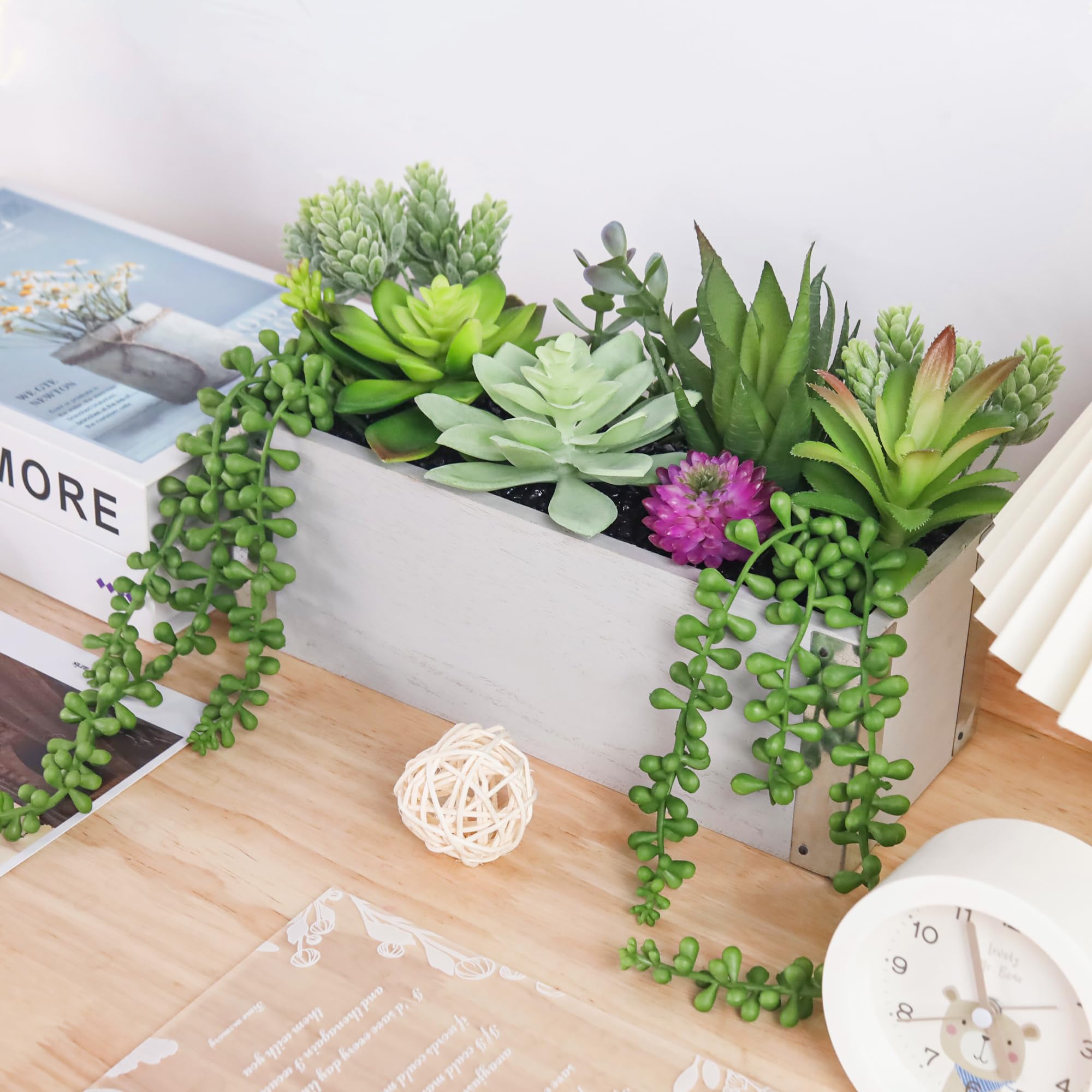 10 Pcs Artificial Succulent Plants in Rectangular Wooden Pots - Fake Farmhouse Decor for Dining Table, Coffee Table Centerpiece, Windowsill & Shelf Decoration - Home & Office Greenery Decor