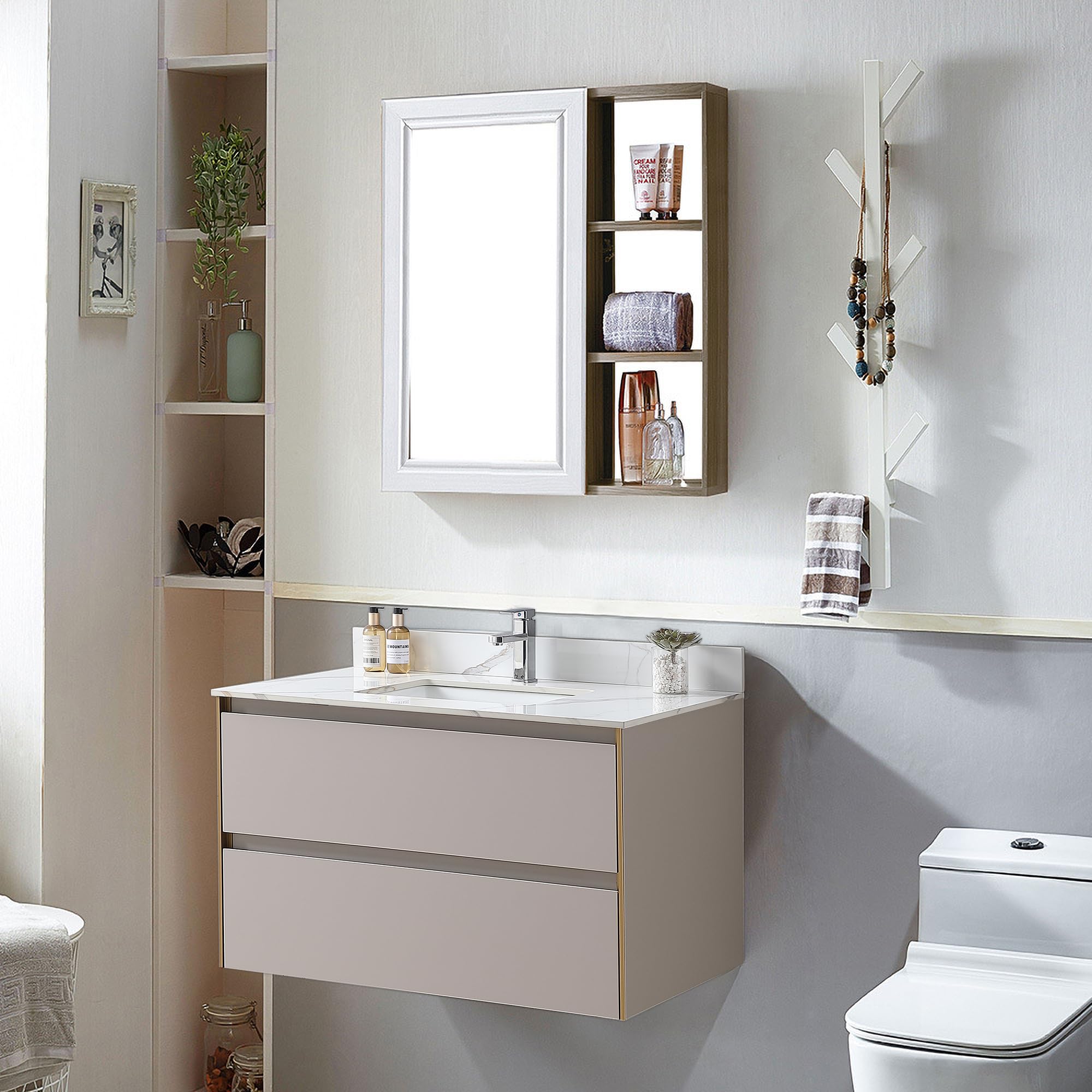 43 Inch Bathroom Vanity Top with Undermount Ceramic Sink & Backsplash - Sintered Stone Artificial Marble Countertop with 1 Faucet Hole in Carrara Gold | Perfect for Modern Bathroom Renovation & Master Suite Upgrade