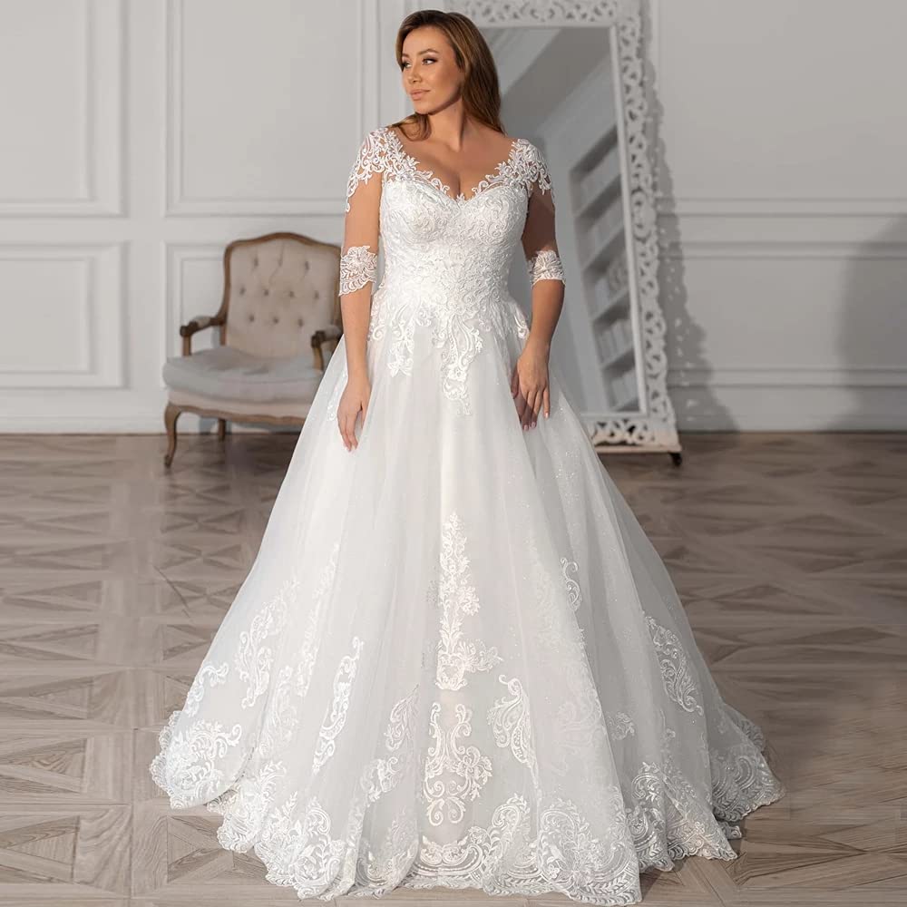 XYAYE 3/4 Sleeve Lace Wedding Dress for Bride - Puffy Tulle Modest Bridal Gown with V-Neck | Perfect for Church, Beach & Outdoor Wedding Ceremonies