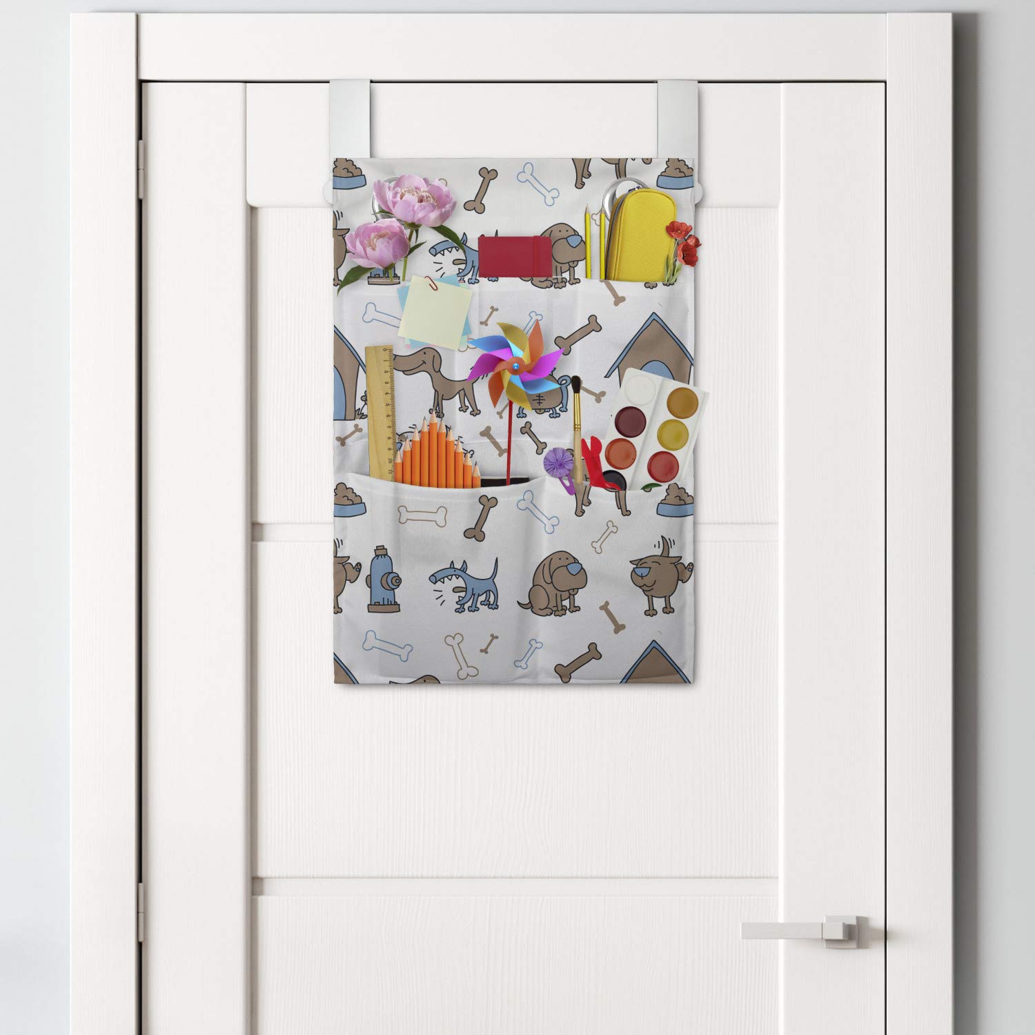 Ambesonne Dog Themed Hanging Pocket Organizer - Cartoon Style Bones & Friendly Animals Print, 14