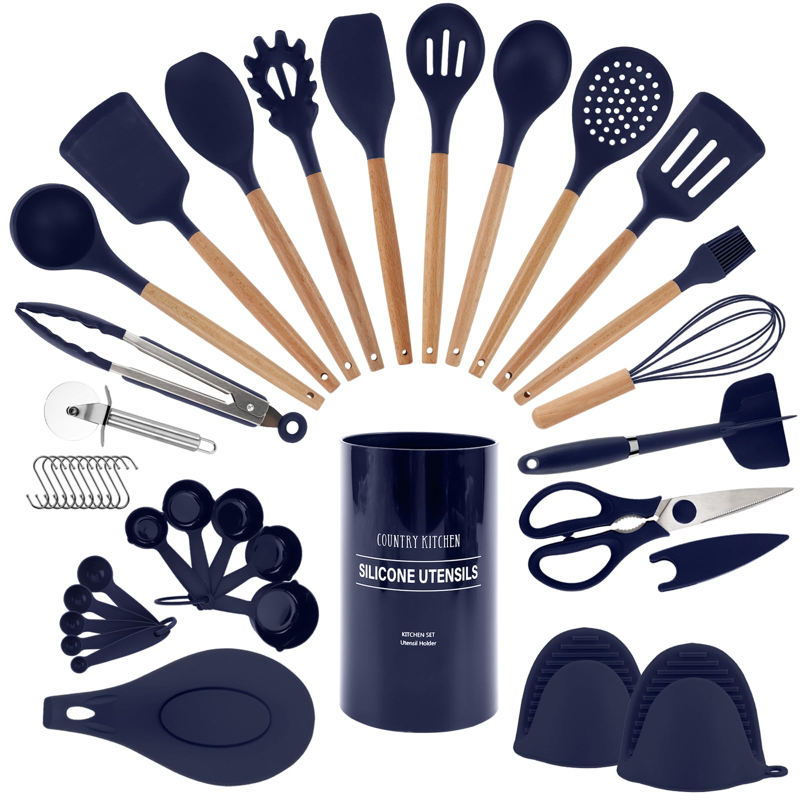 Non-Stick Silicone Cooking Utensil Set with Wooden Handles - 38-Piece Kitchen Tool Set for Baking, Frying & Stirring - Navy Blue Country Kitchen Essentials for Home Chefs & Bakers