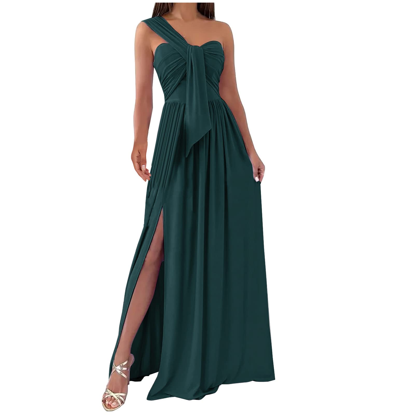 Women's Summer Sundresses - Sexy Solid Slimming One Shoulder Sleeveless Split Hem Dress with Pockets | Casual Beachwear, Vacation Outfits & Date Night Dresses (Standard & Plus Size)