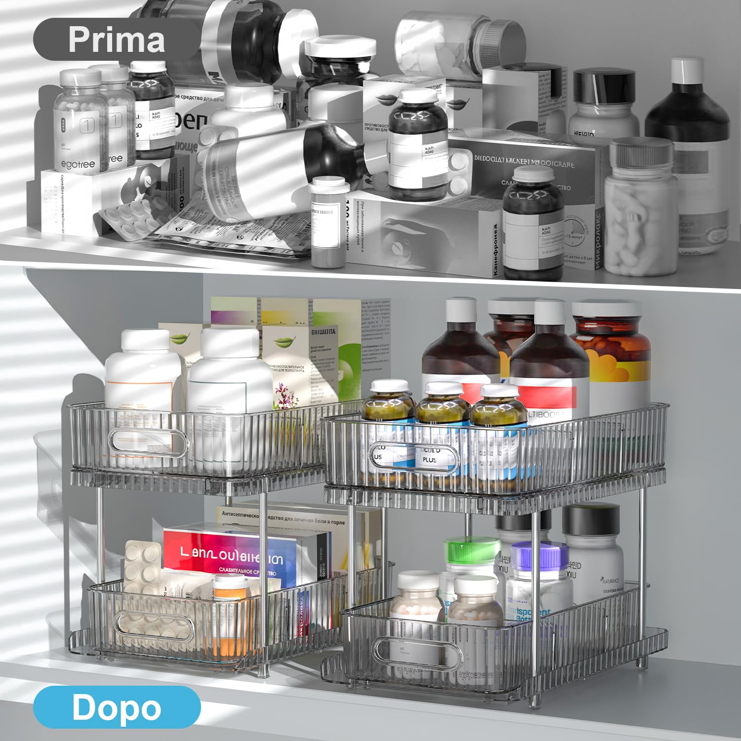 Fowooyeen Under Sink Organizer, Space Saving Kitchen Organizer, Sliding Cabinet Shelf, Under Sink Rolling Cart, Pantry & Bathroom Storage Shelf - 2 Pack Gray Transparent | Perfect for Small Kitchens & Bathrooms