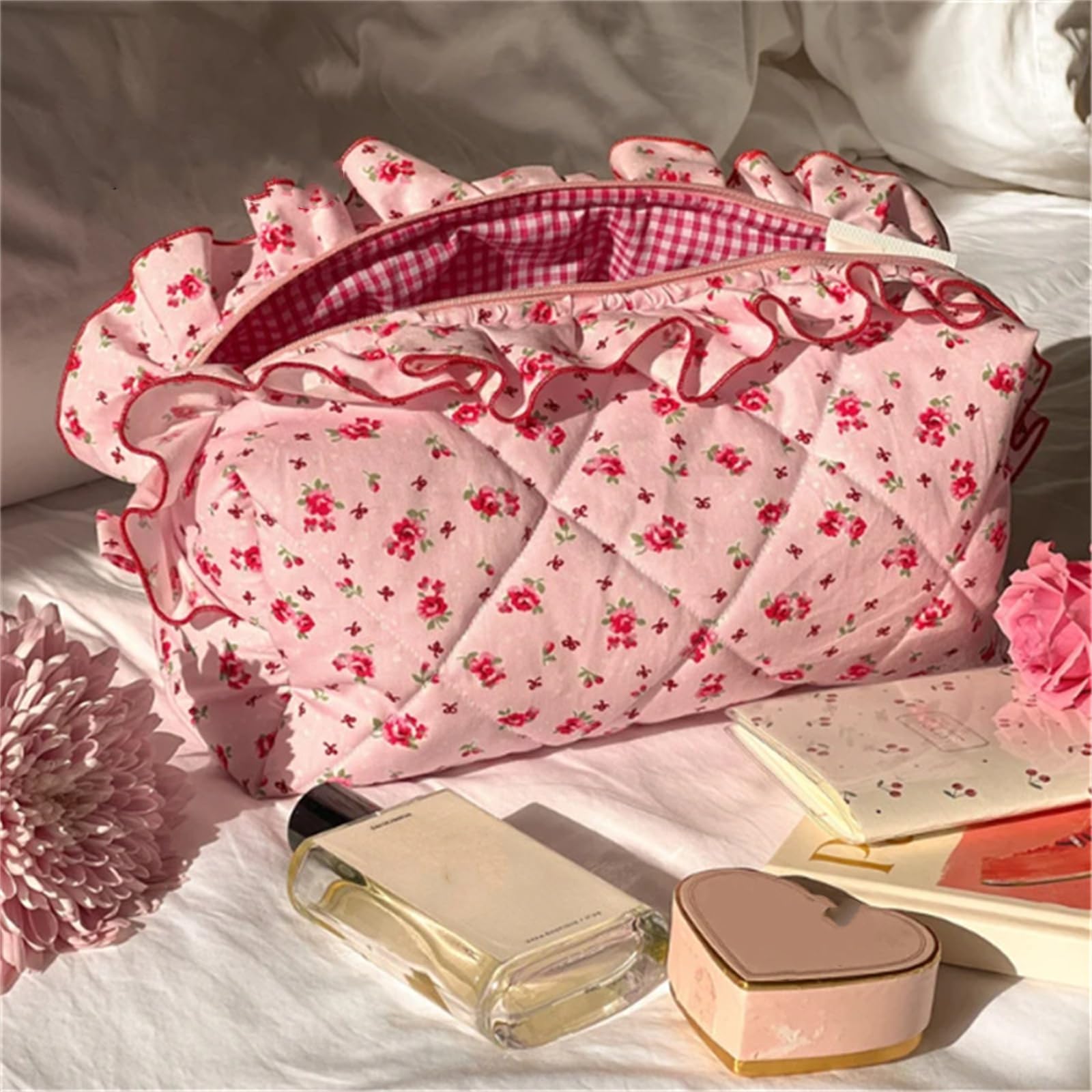 Cotton Makeup Bag Large Capacity Travel Cosmetic Pouch - Stylish Coquette Accessories for Women & Girls, Pink Floral Design - Perfect for Travel, Outdoor Camping, Hiking & Daily Use