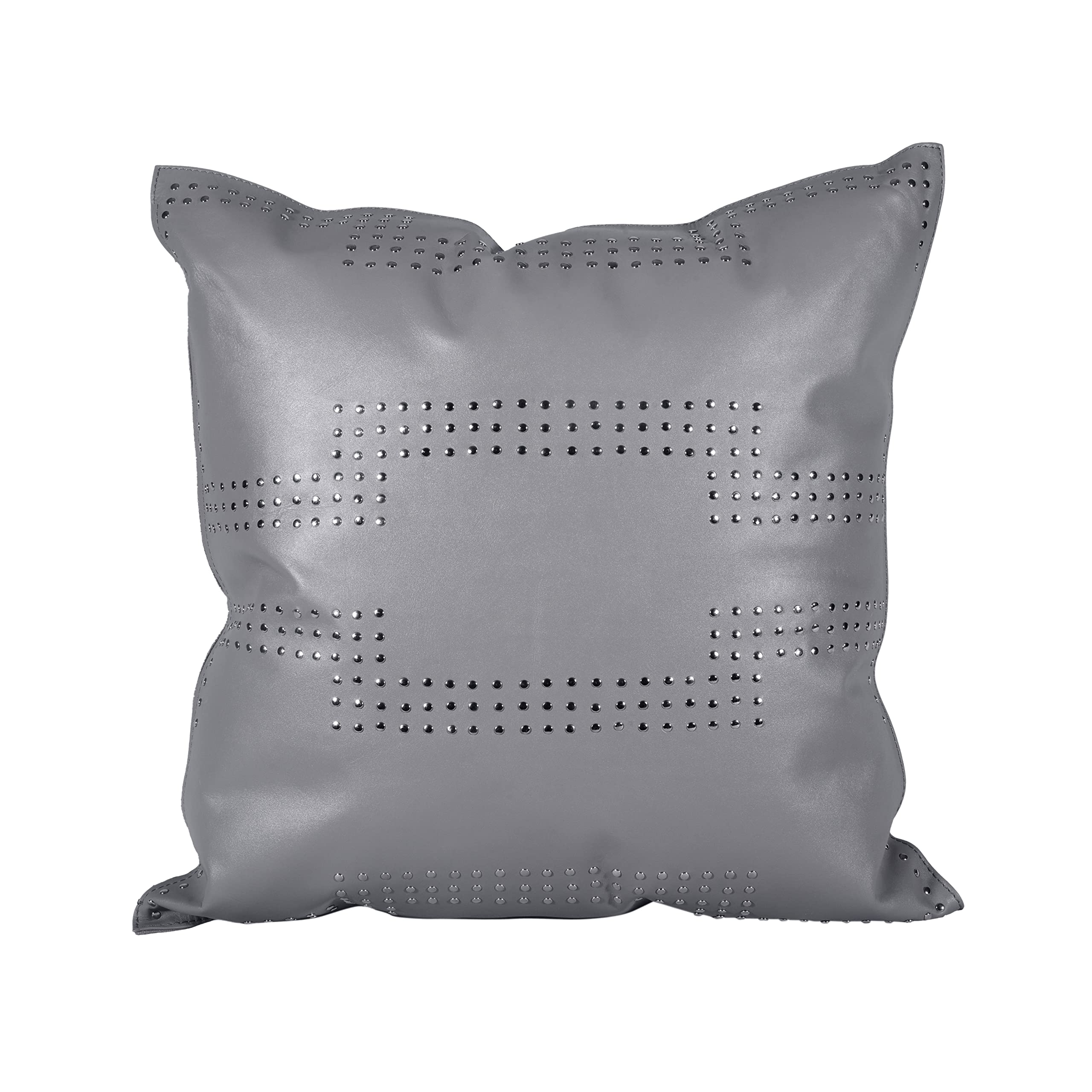 Genuine Leather Geometric Studded Throw Pillow 20x20 Inch - Solid Gray Modern Western Style Decorative Cushion for Sofa, Bed, Living Room & Home Decor