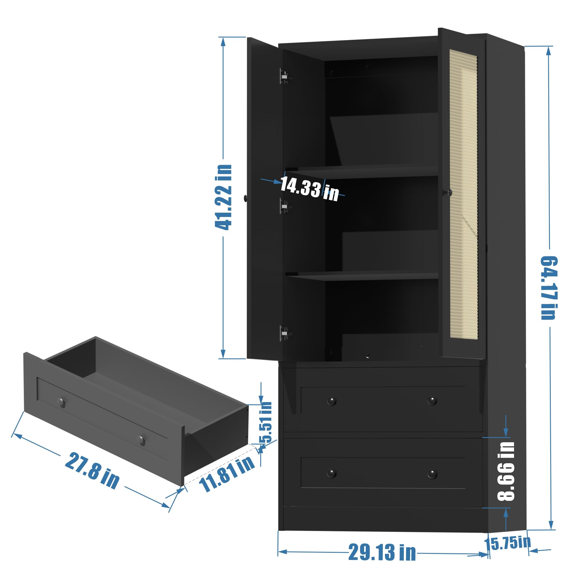 Rattan Black Kitchen Pantry Cabinet - 64.2