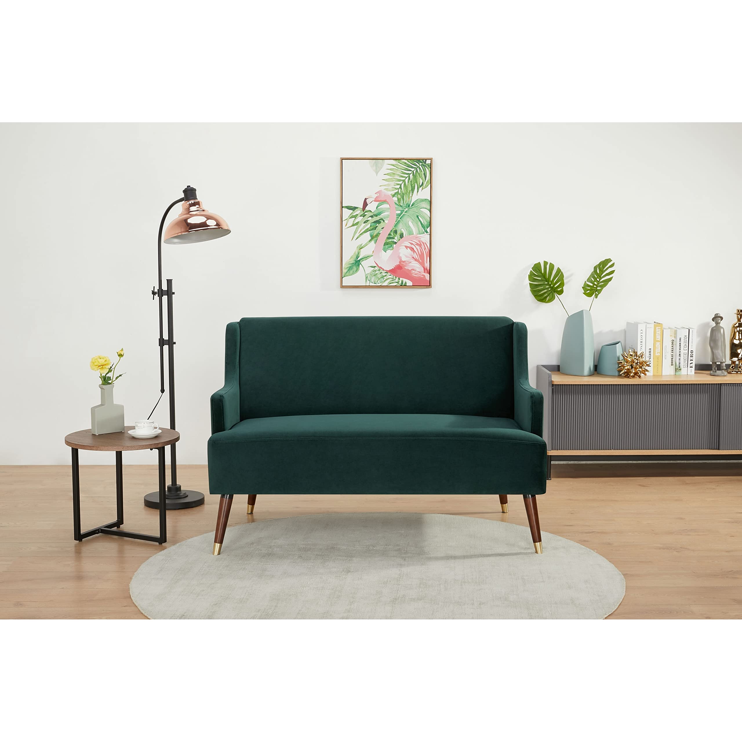 Art Deco Home Phoenix Loveseat - Mid-Century Modern Green Velvet Sofa for Living Room, Lounge & Office - Small Space Two-Seater Couch with Wooden Legs