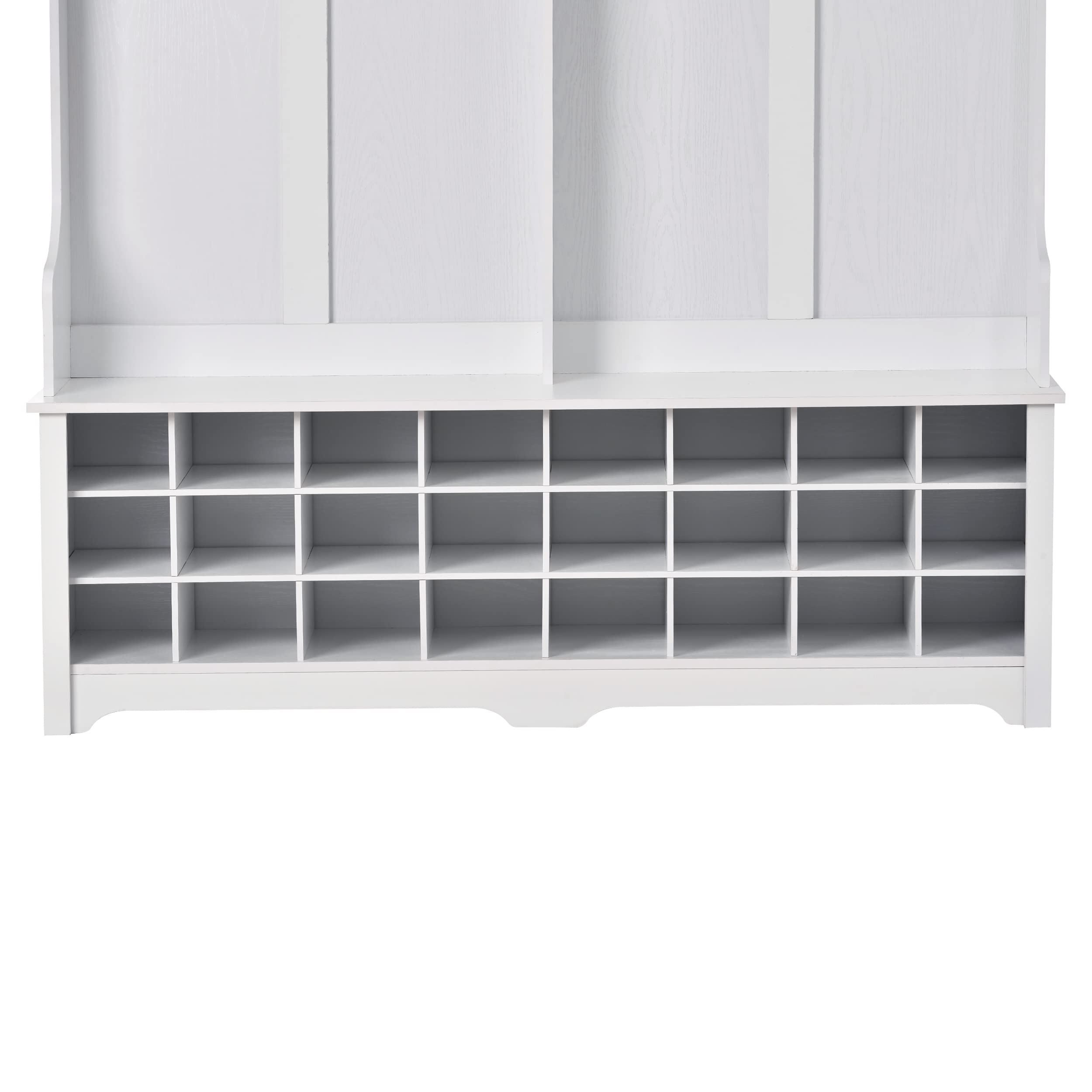 Polibi Hall Tree Storage Bench - Coat Rack with Black Metal Hooks, Entryway Bench with 24 Shoe Grids - White Entryway Organizer for Hallway, Living Room & Bedroom - Perfect for Small Space Organization & Home Decor