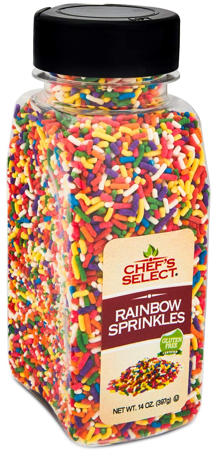 Chefs Select Decorative Rainbow Sprinkles Jimmies 14oz | Bulk Value Size | Gluten Free Certified | Perfect for Cupcakes, Cakes, Ice Cream & Dessert Decorating