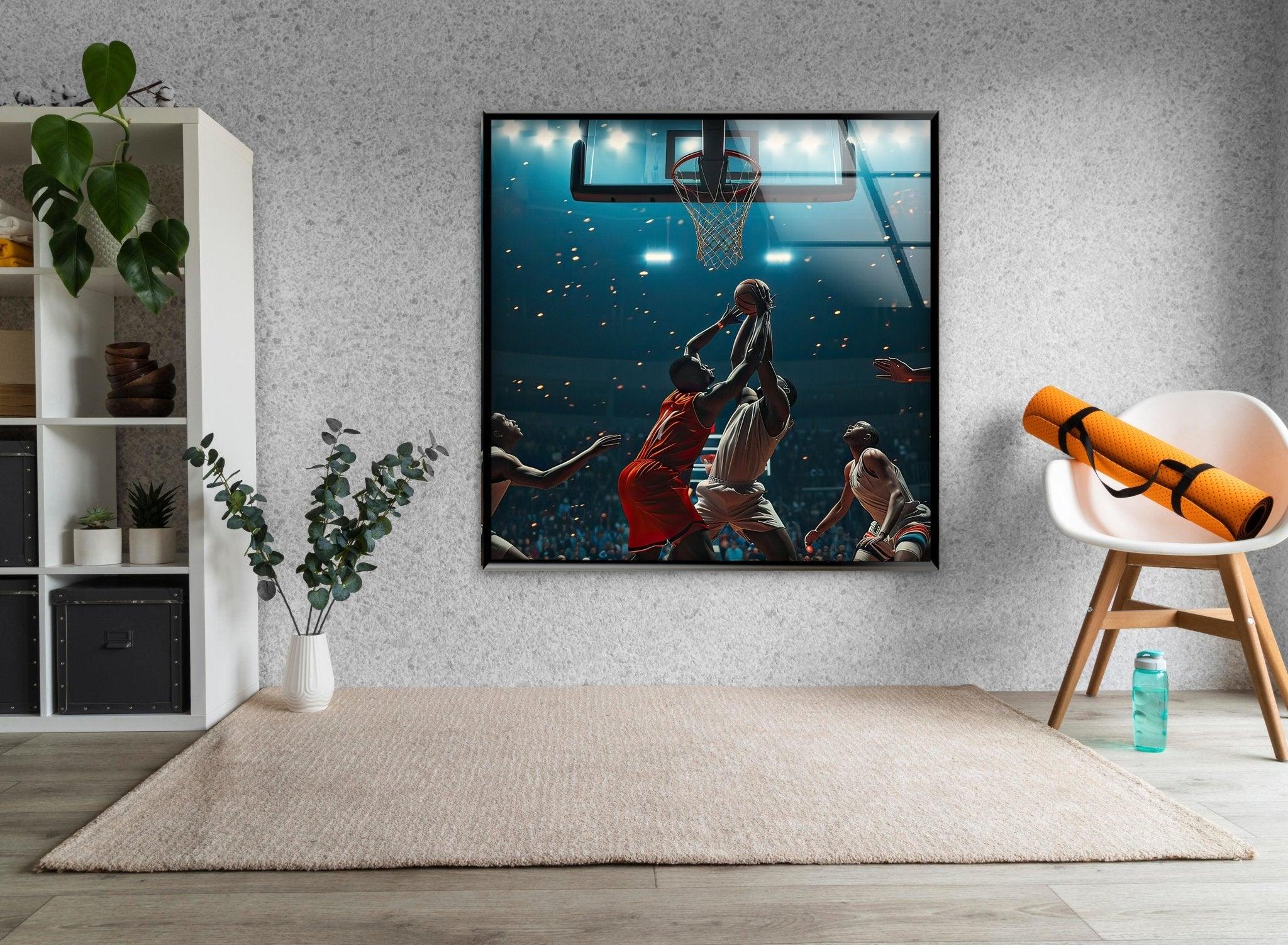 Basketball Players Glass Wall Art - Modern Sports Decor for Home, Office & Gym - Perfect Gift for Basketball Fans & Athletes