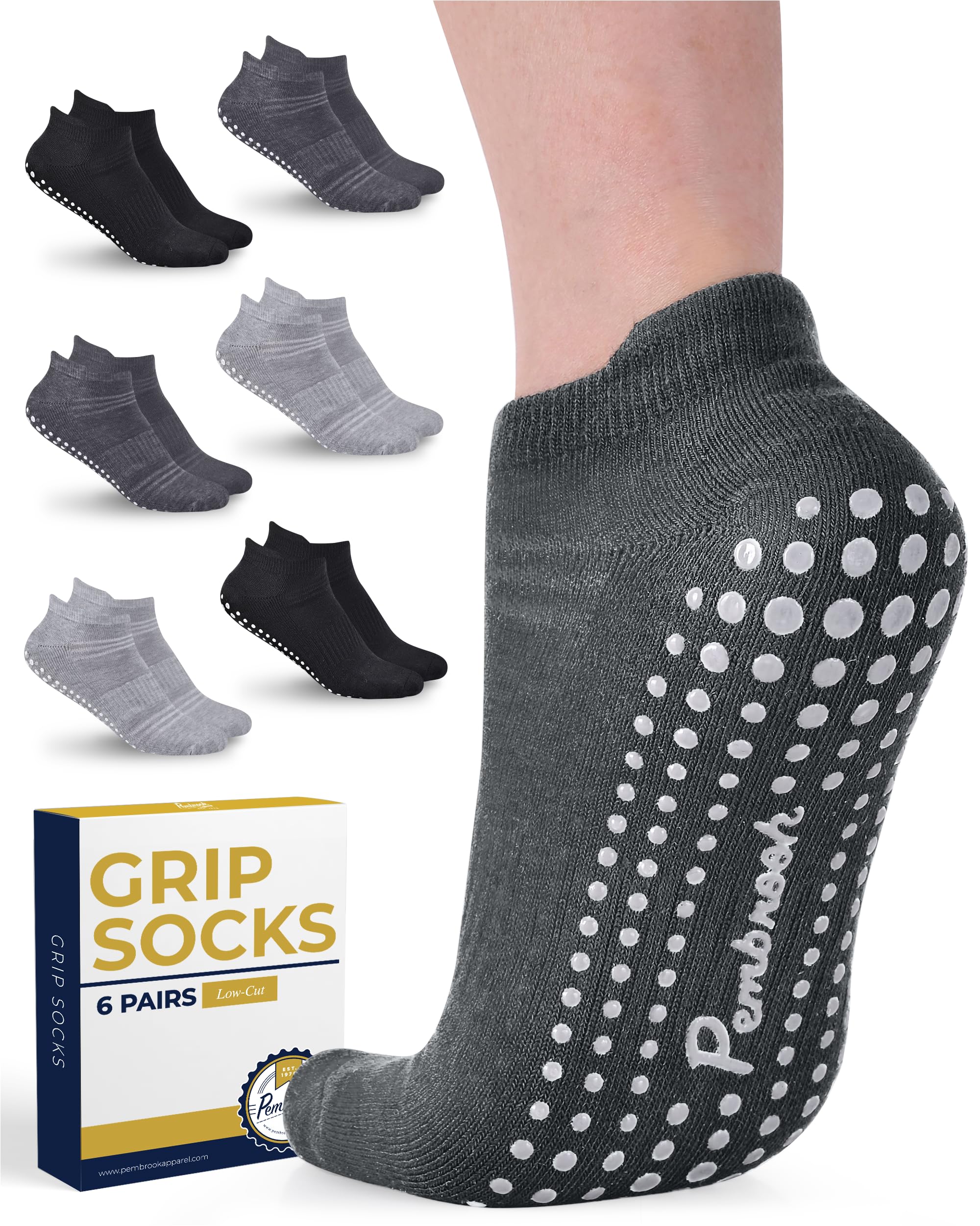 Pembrook Non-Slip Grip Socks for Women & Men - 6 Pairs Yoga Barre Dance Socks with Anti-Skid Dots | Perfect for Pilates, Ballet, Workout & Home Use